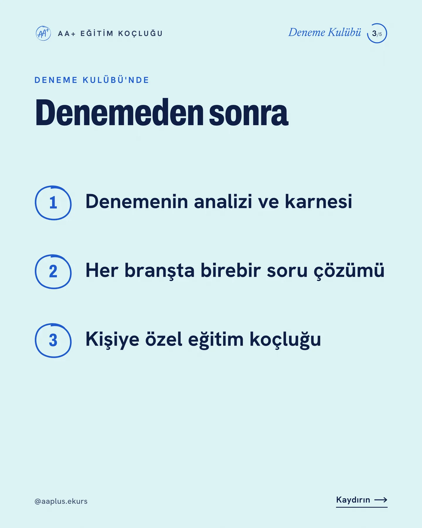 AA+ Eğitim Koçluğu "Deneme bitti" gönderisi 3. kart — Deneme Kulübü'nde denemeden sonra: analiz ve karne, birebir soru çözümü, eğitim koçluğu