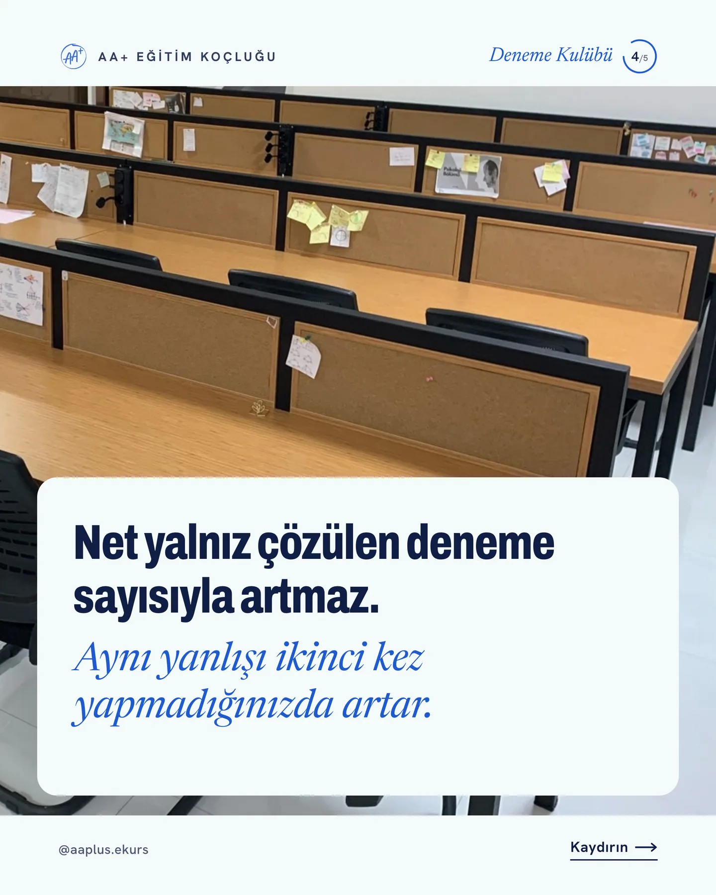 AA+ Eğitim Koçluğu "Deneme bitti" gönderisi 4. kart — net, aynı yanlışı ikinci kez yapmadığınızda artar