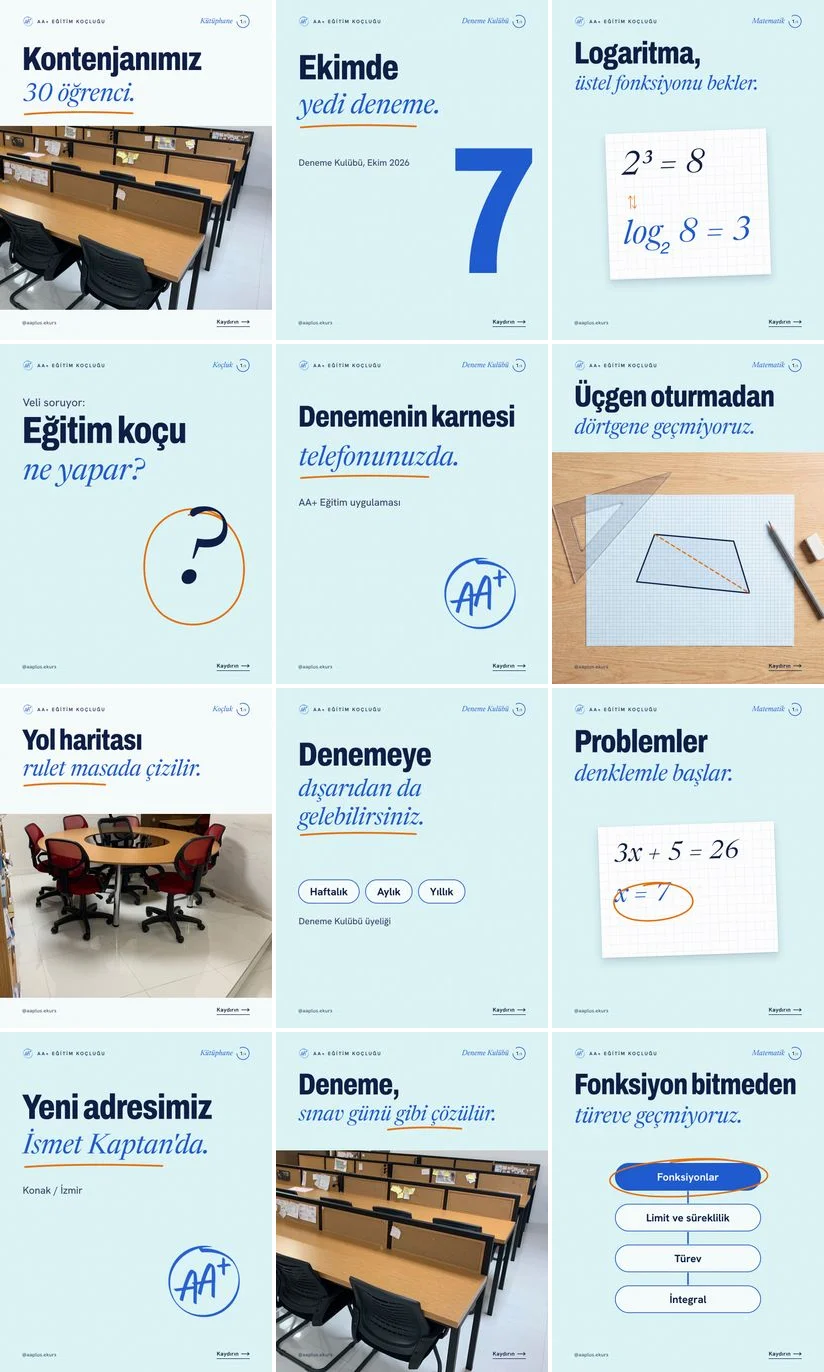 AA+ Eğitim Koçluğu Instagram ızgarası — 18 Ekim ile 12 Kasım arasındaki on iki gönderinin kapakları yan yana