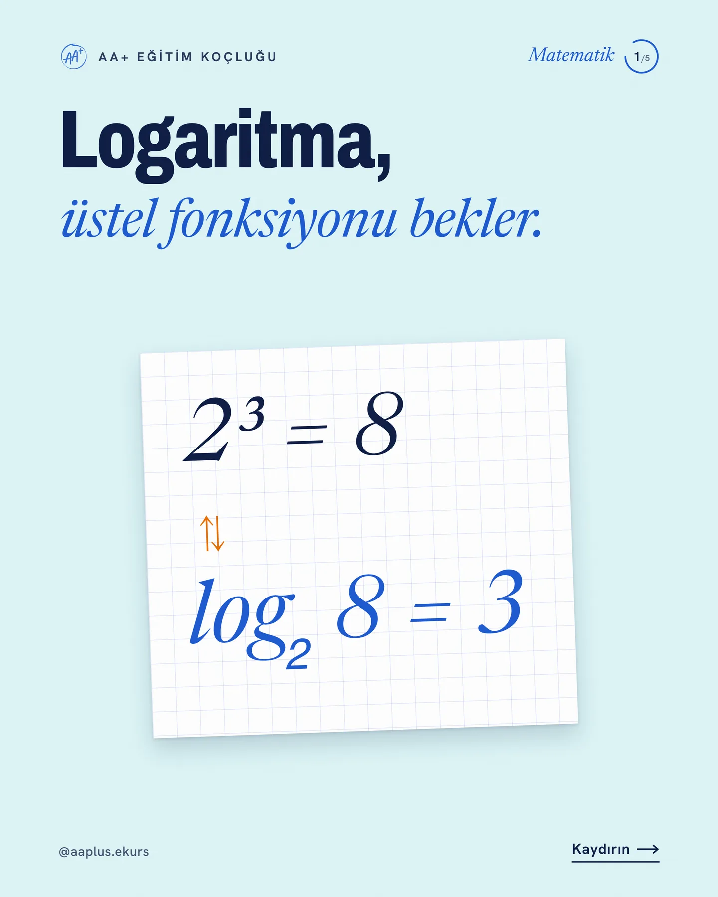 AA+ Eğitim Koçluğu kaydırmalı gönderi kapağı — "Logaritma, üstel fonksiyonu bekler"