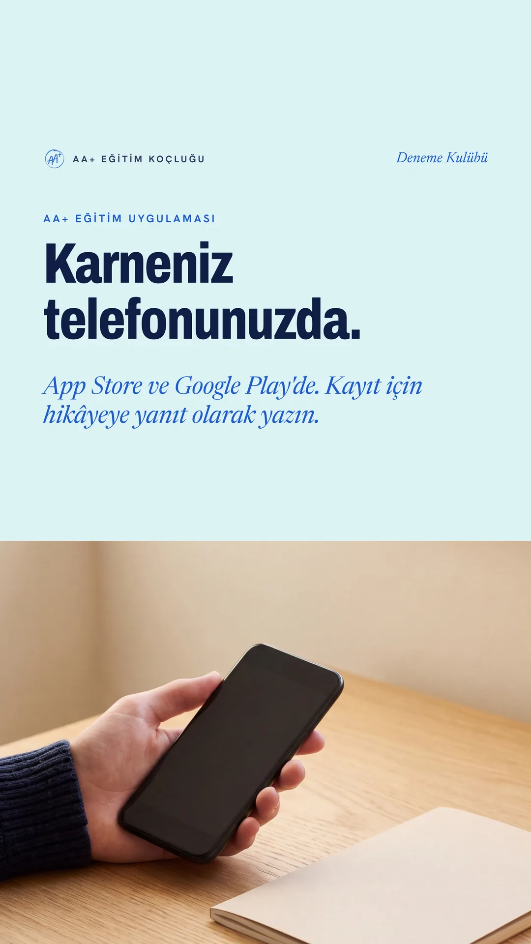 AA+ Eğitim Koçluğu Instagram hikâyesi — karneniz telefonunuzda: kurumun uygulaması