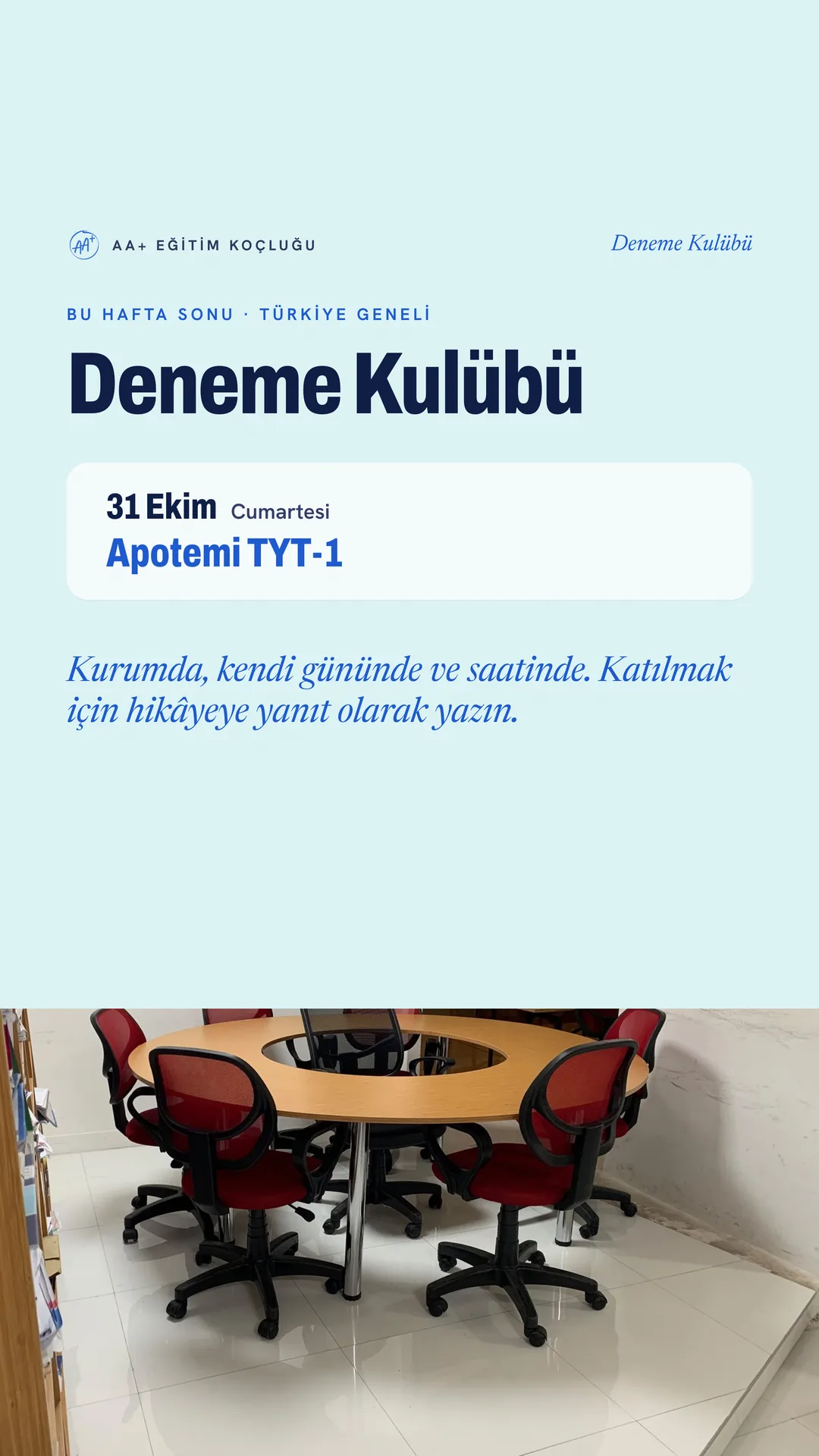AA+ Eğitim Koçluğu Instagram hikâyesi — 31 Ekim Türkiye geneli deneme