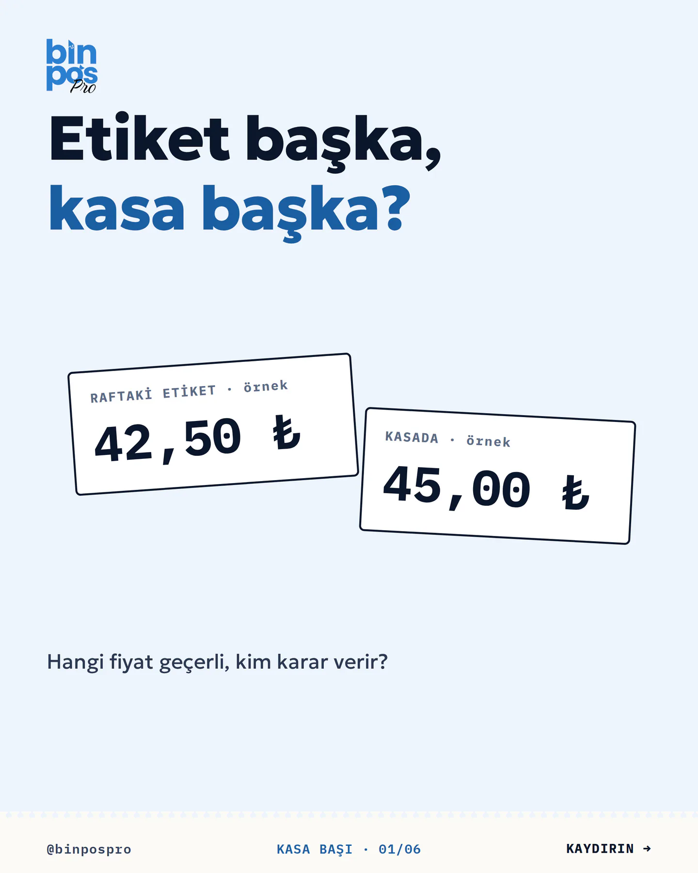 BinPos Pro kaydırmalı gönderi kapağı — "Etiket başka, kasa başka?", örnek etiket ve kasa fiyatı