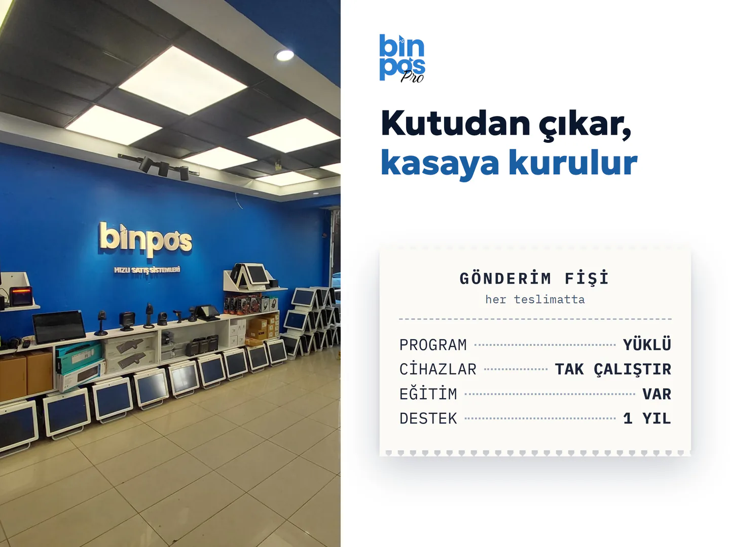 BinPos Pro Google İşletme Profili gönderi kartı — kutudan çıkar, kasaya kurulur; firmanın mağaza fotoğrafı ve gönderim fişi