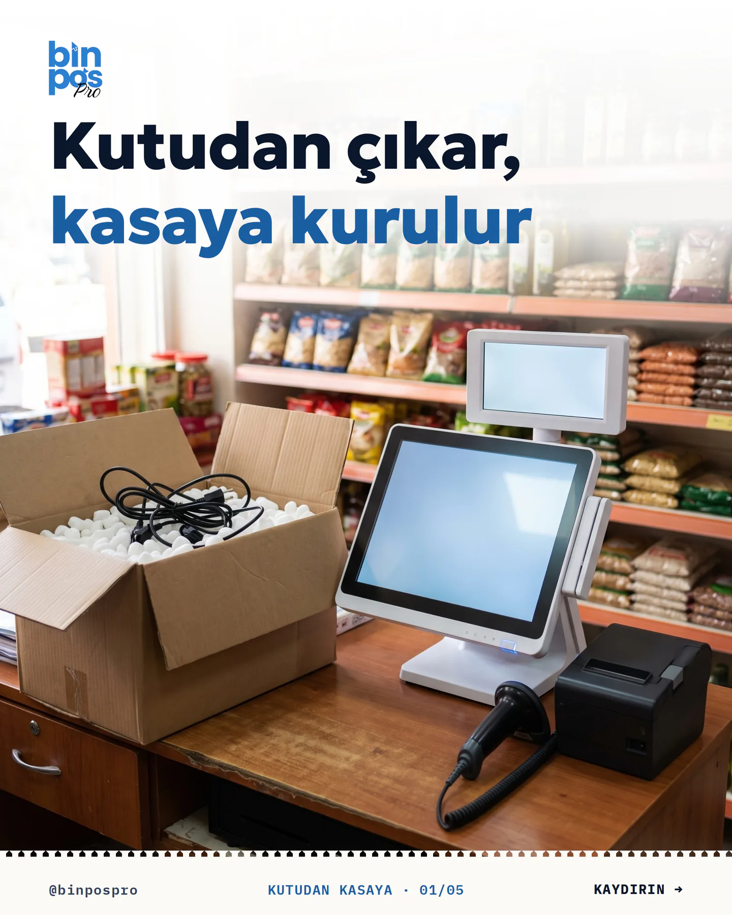 BinPos Pro kaydırmalı gönderi kapağı — "Kutudan çıkar, kasaya kurulur"