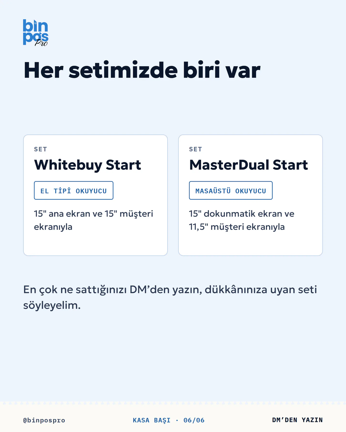 BinPos Pro barkod okuyucu gönderisi 6. kart — her setimizde biri var: Whitebuy Start setinde el tipi, MasterDual Start setinde masaüstü okuyucu