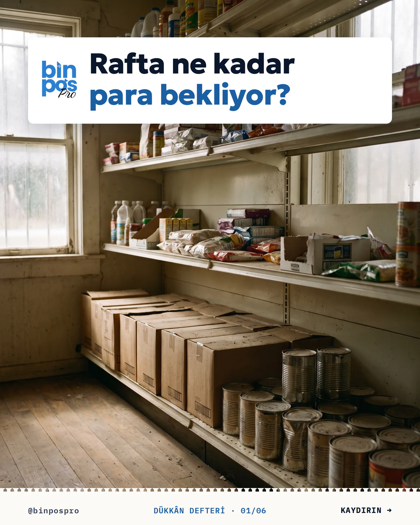 BinPos Pro kaydırmalı gönderi kapağı — "Rafta ne kadar para bekliyor?"