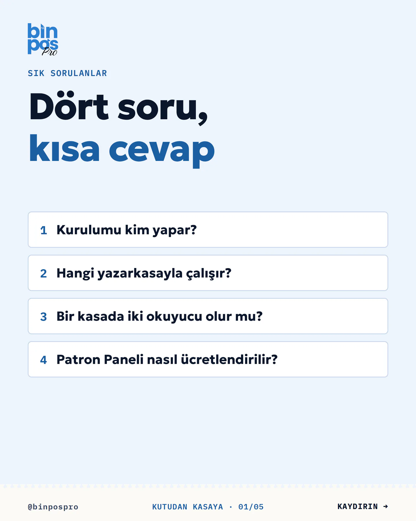 BinPos Pro kaydırmalı gönderi kapağı — "Dört soru, kısa cevap"