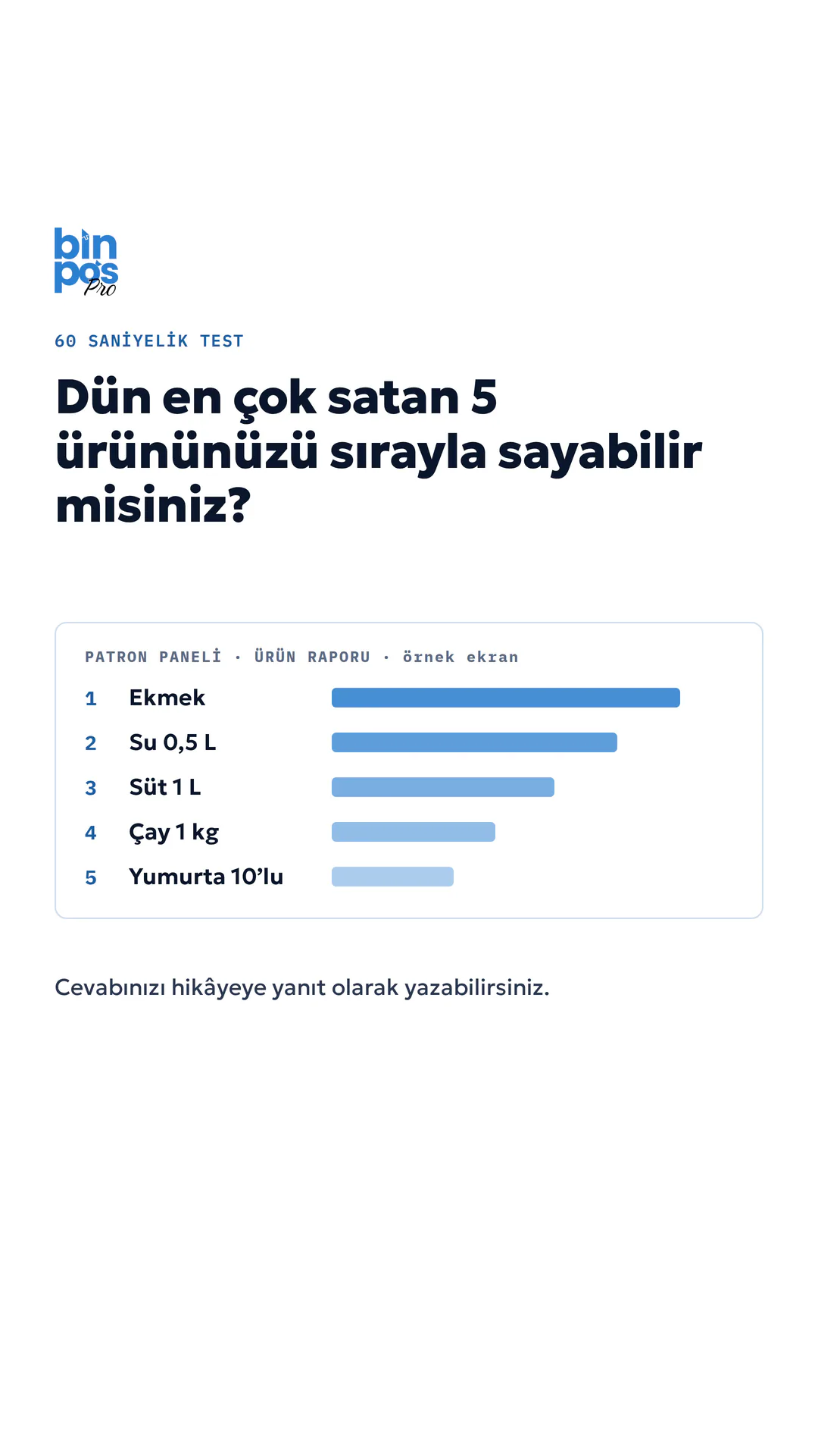 BinPos Pro Instagram hikâyesi — 60 saniyelik test: dün en çok satan 5 ürününüzü sayabilir misiniz, Patron Paneli ürün raporunun örnek görünümüyle