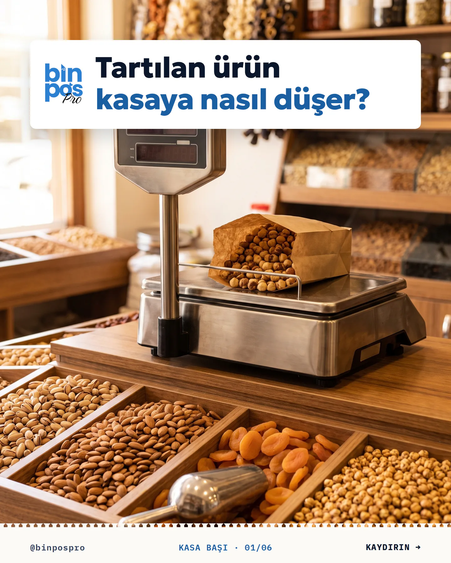 BinPos Pro kaydırmalı gönderi kapağı — "Tartılan ürün kasaya nasıl düşer?"