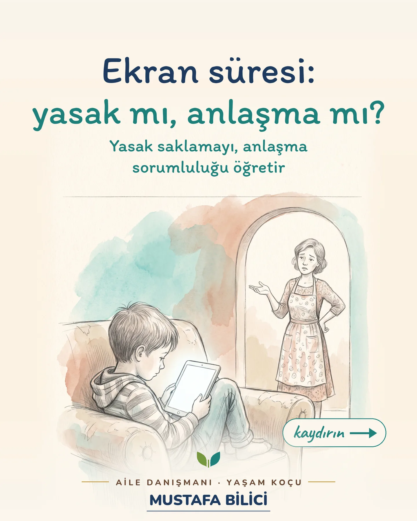 Çınar Ailem ekran süresi gönderisi 1. kart — kapak çizimi: tablete bakan çocuk ve kapıda annesi