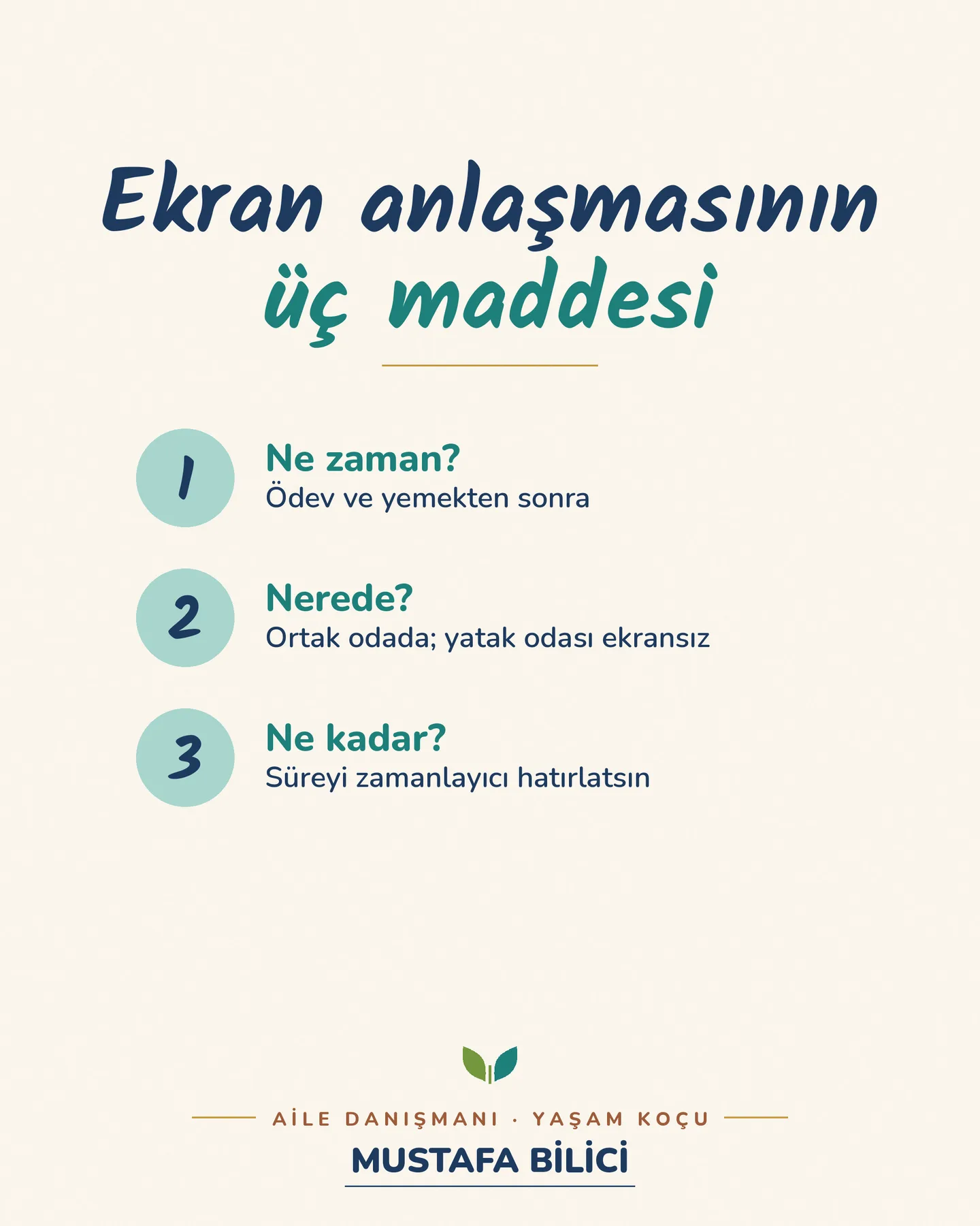 Çınar Ailem ekran süresi gönderisi 3. kart — ekran anlaşmasının üç maddesi: ne zaman, nerede, ne kadar