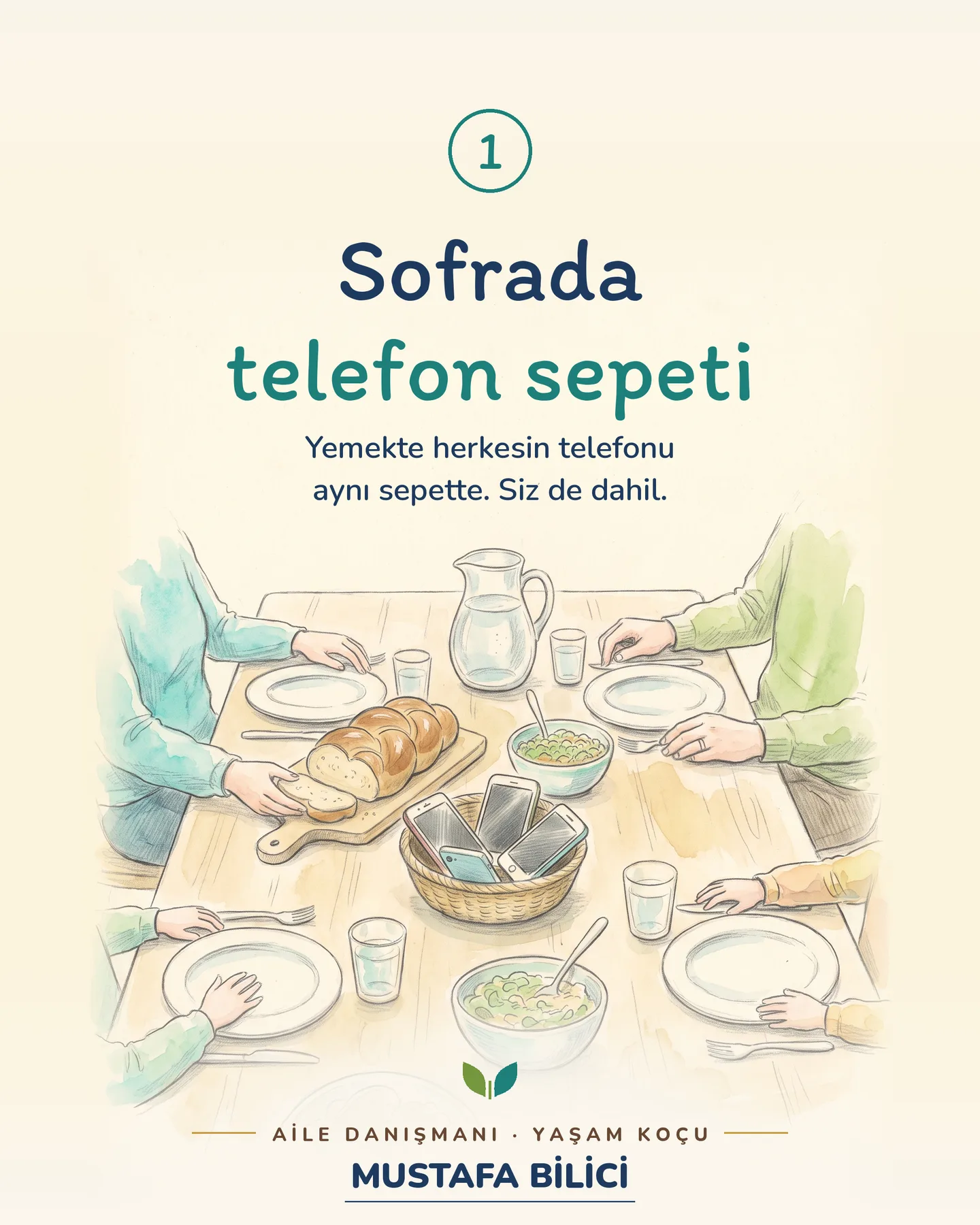 Çınar Ailem ekran süresi gönderisi 4. kart — sofrada telefon sepeti çizimi