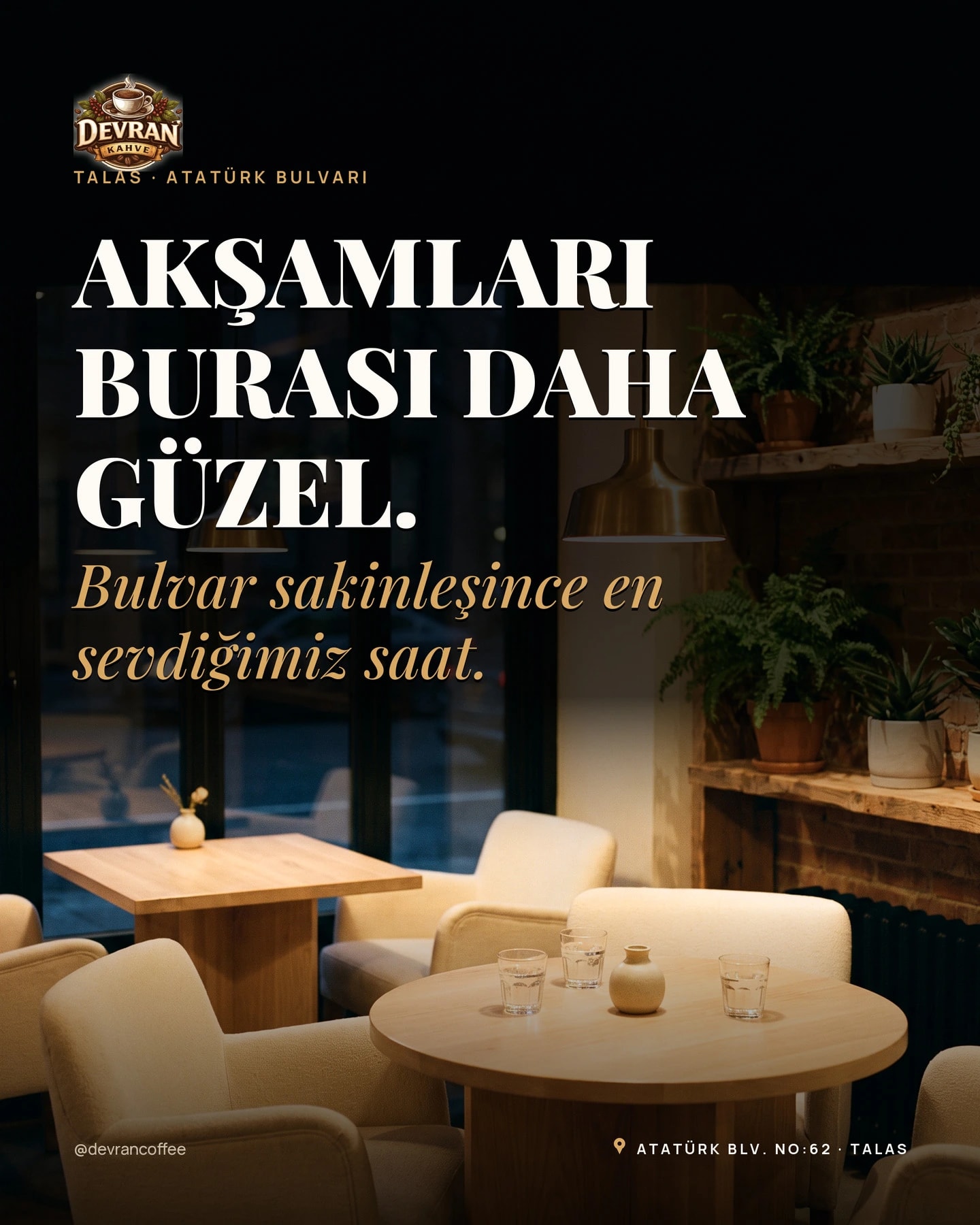 Devran Coffee Instagram gönderisi — Akşam mekân atmosferi kartı