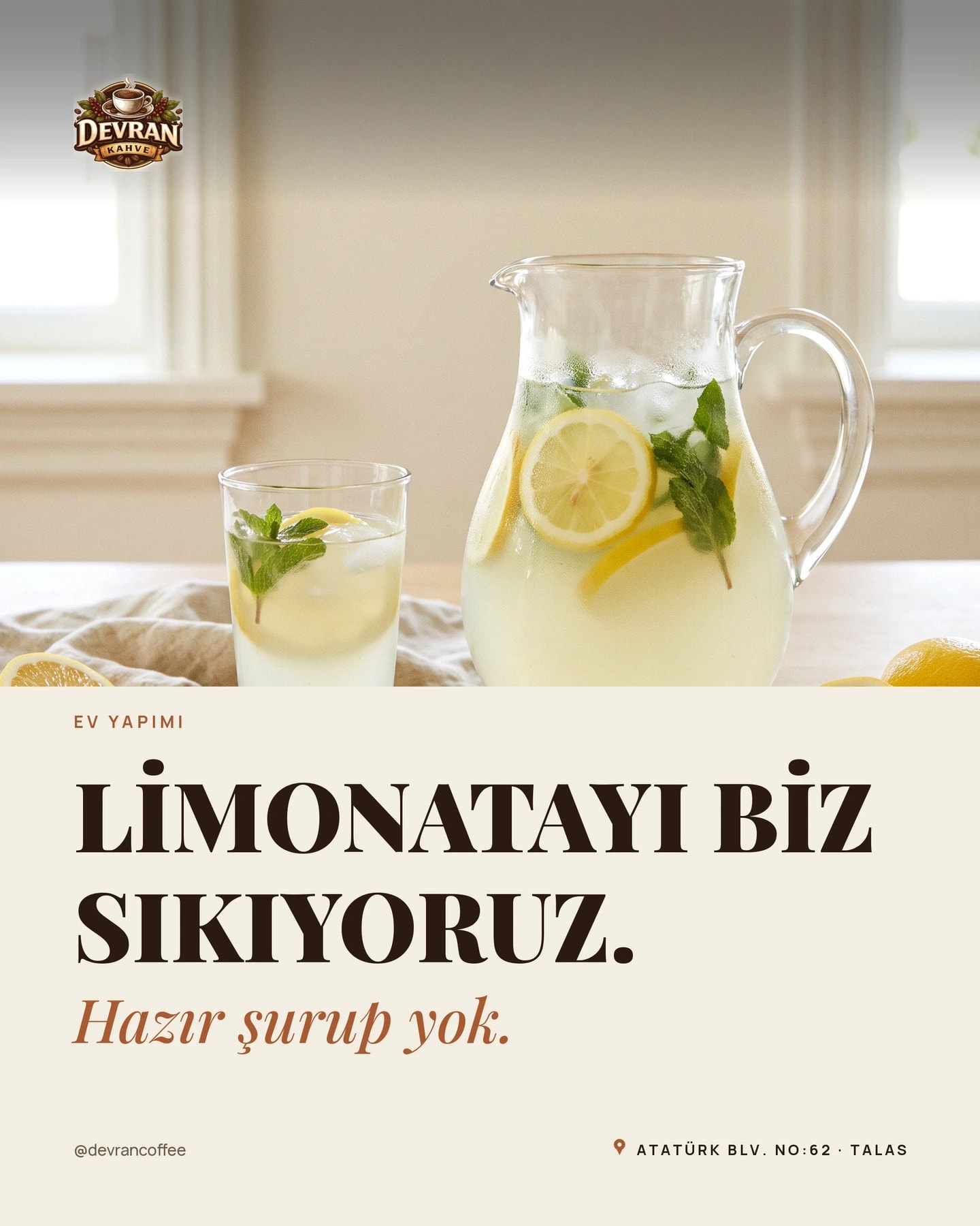 Devran Coffee Instagram gönderisi — Ev yapımı limonata gönderi kartı