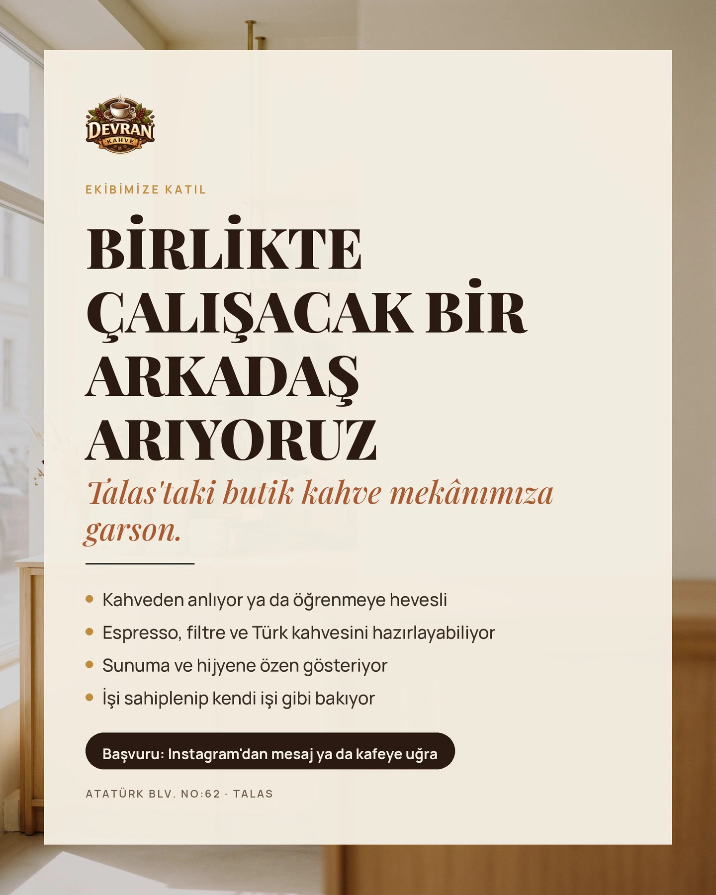 Devran Coffee Instagram gönderisi — Garson iş ilanı gönderi görseli, 4:5 ölçü