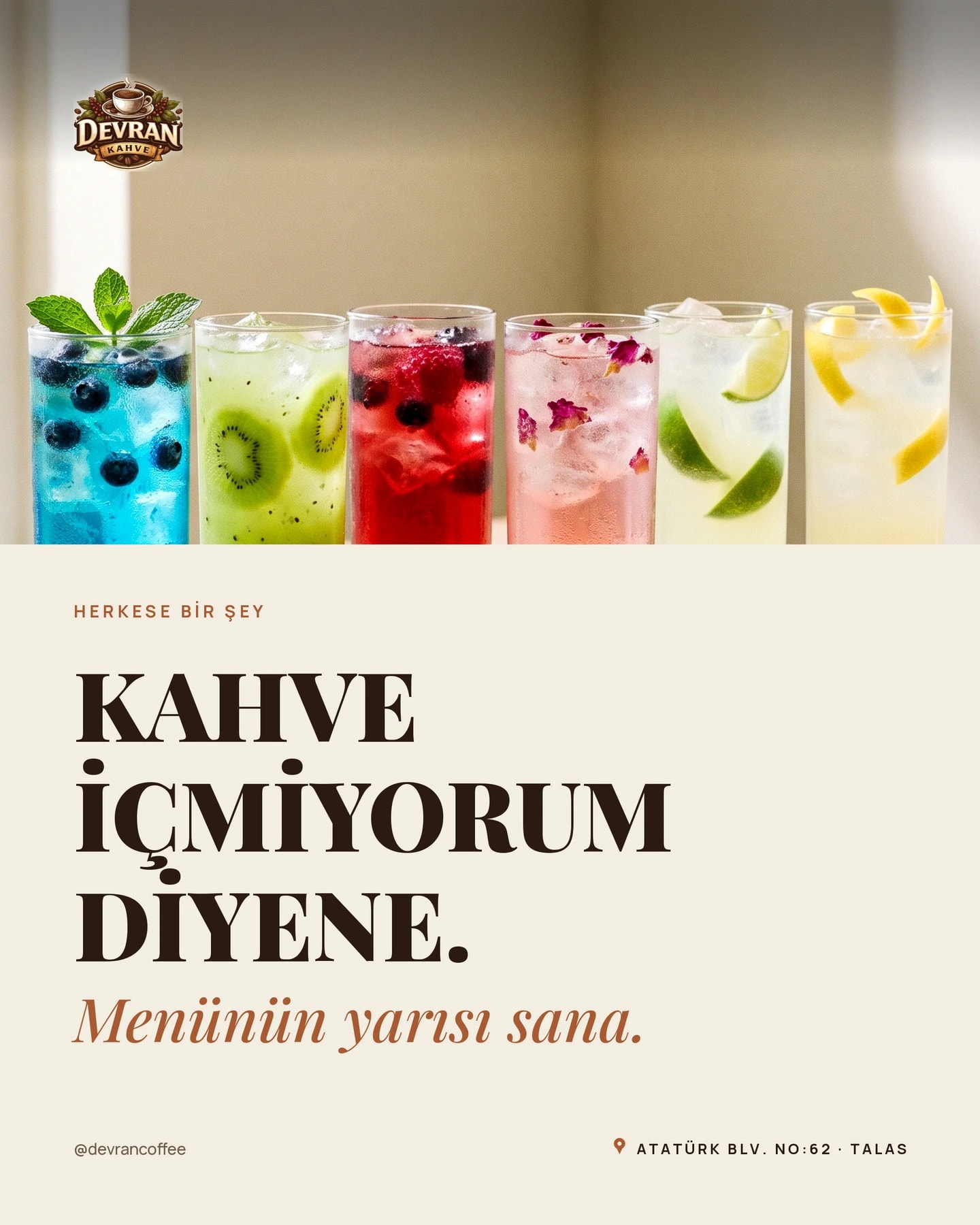 Devran Coffee Instagram gönderisi — Kahve içmeyenler için menü kartı