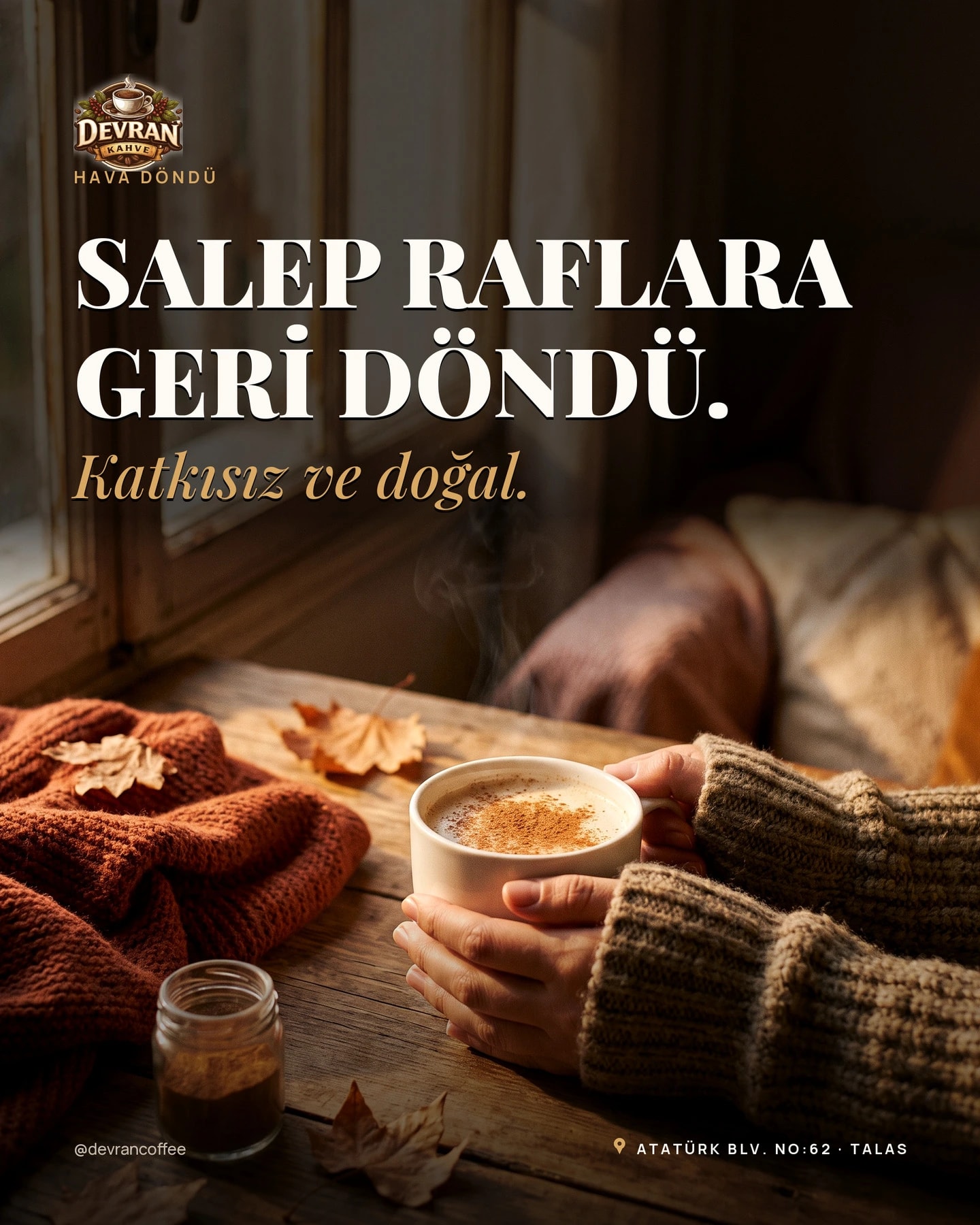 Devran Coffee Instagram gönderisi — Mevsim geçişi kartı — salep geri döndü