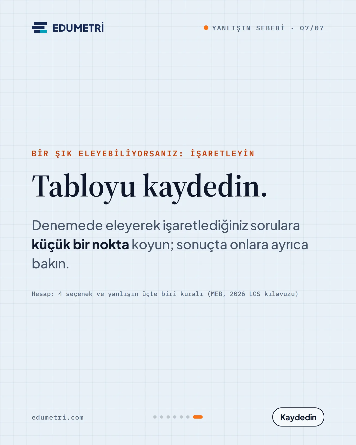 Edumetri "Emin değilim. İşaretleyeyim mi?" gönderisi 7. kart — tabloyu kaydedin, eleyerek işaretlediğiniz sorulara küçük bir nokta koyun