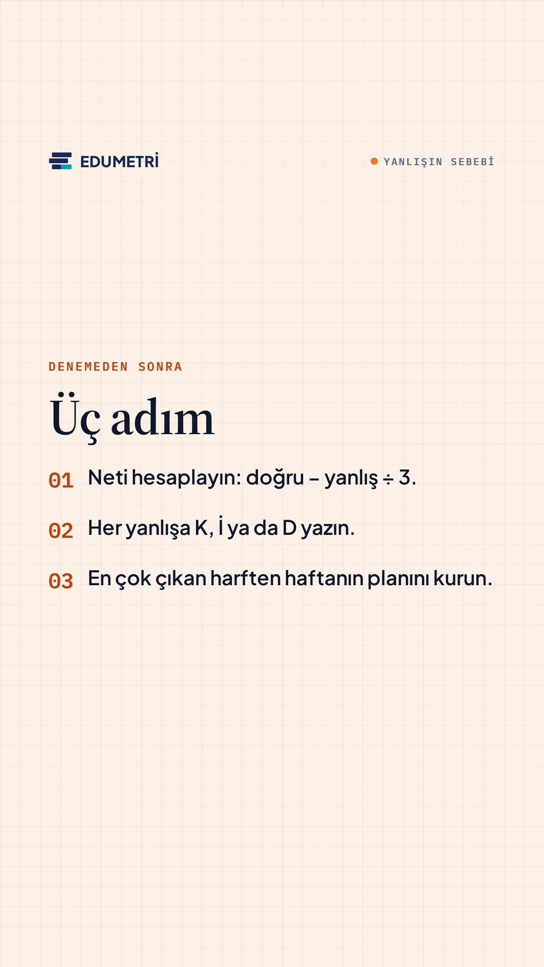 Edumetri Instagram story görseli — denemeden sonra üç adım: neti hesaplayın, her yanlışa K, İ ya da D yazın, haftanın planını kurun