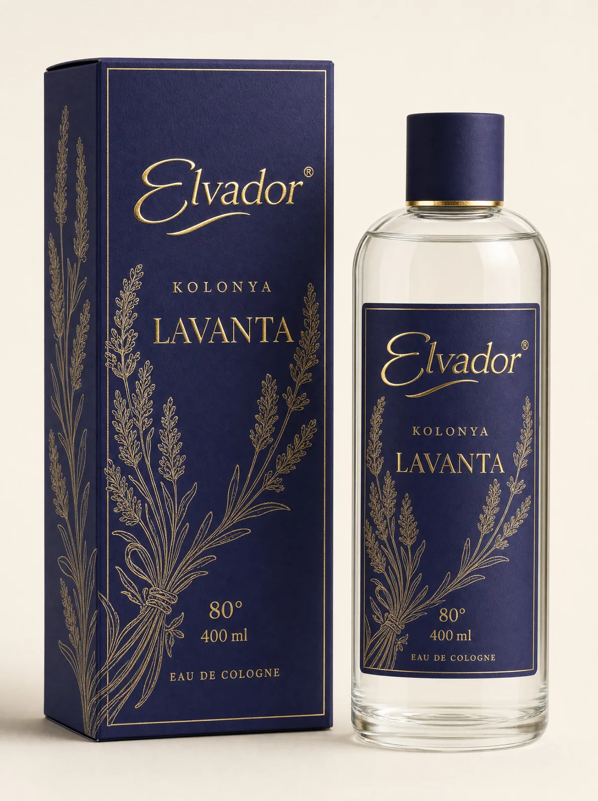 Elvador Lavanta kolonya kutusu ve şişe etiketi, lavanta moru zemin üzerine altın gravür