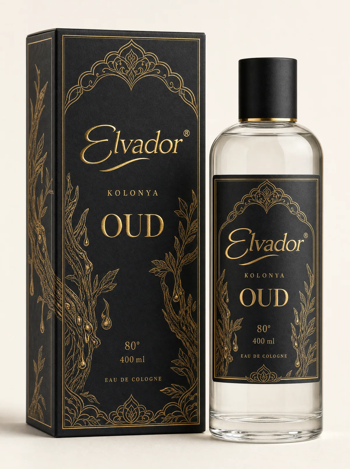Elvador Oud kolonya kutusu ve şişe etiketi, siyah zemin üzerine altın gravür
