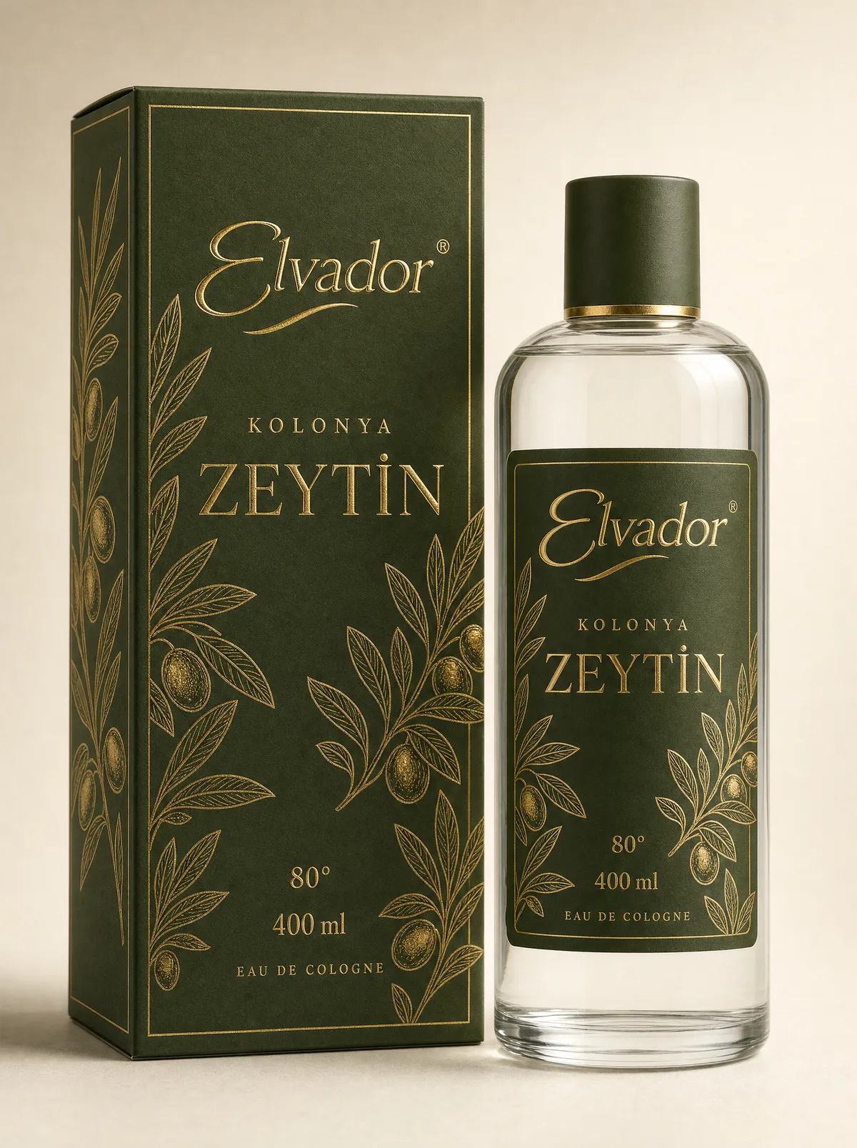 Elvador Zeytin kolonya kutusu ve şişe etiketi, zeytin yeşili zemin üzerine altın gravür