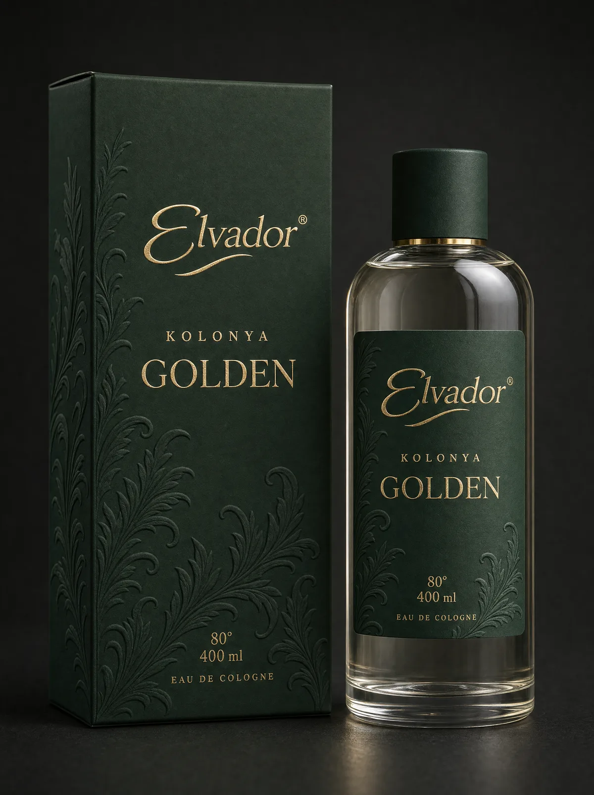 Elvador kolonya ambalajı — 3. yön: koyu yeşil kabartma, Golden