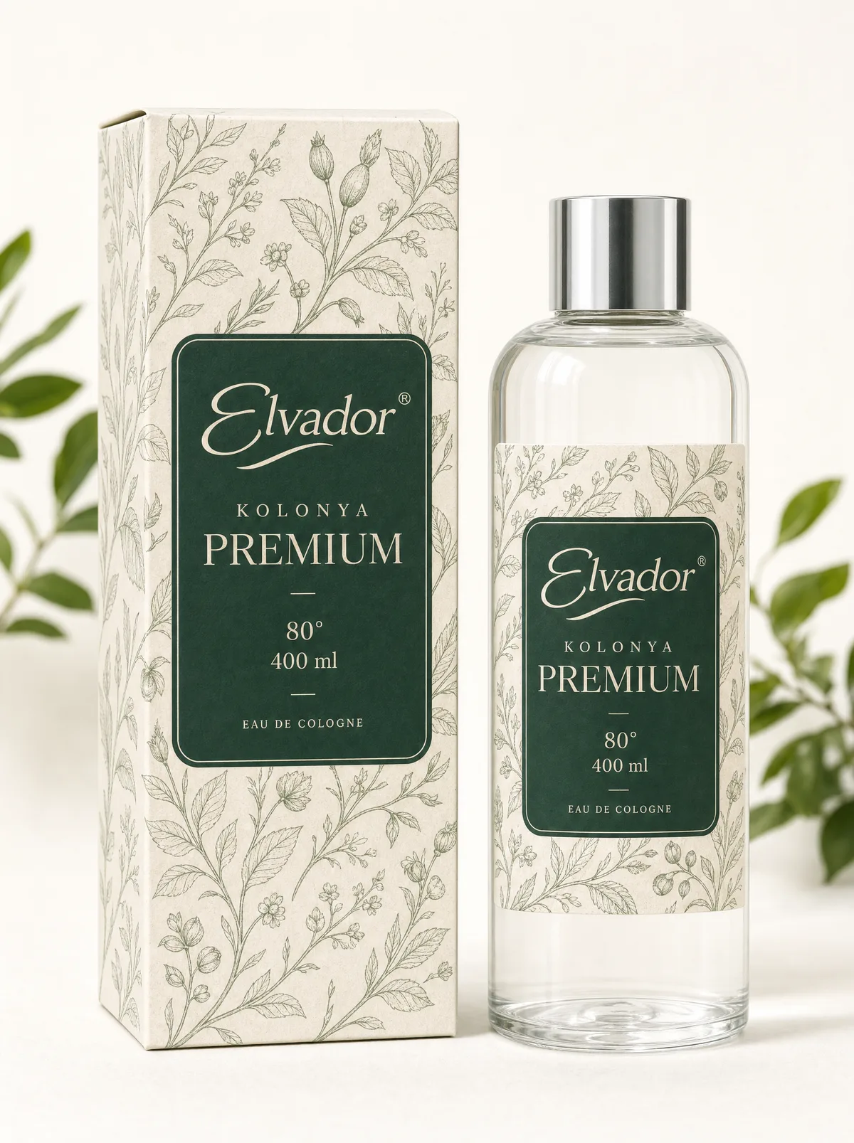 Elvador kolonya ambalajı — 4. yön: krem botanik ve yeşil panel, Premium