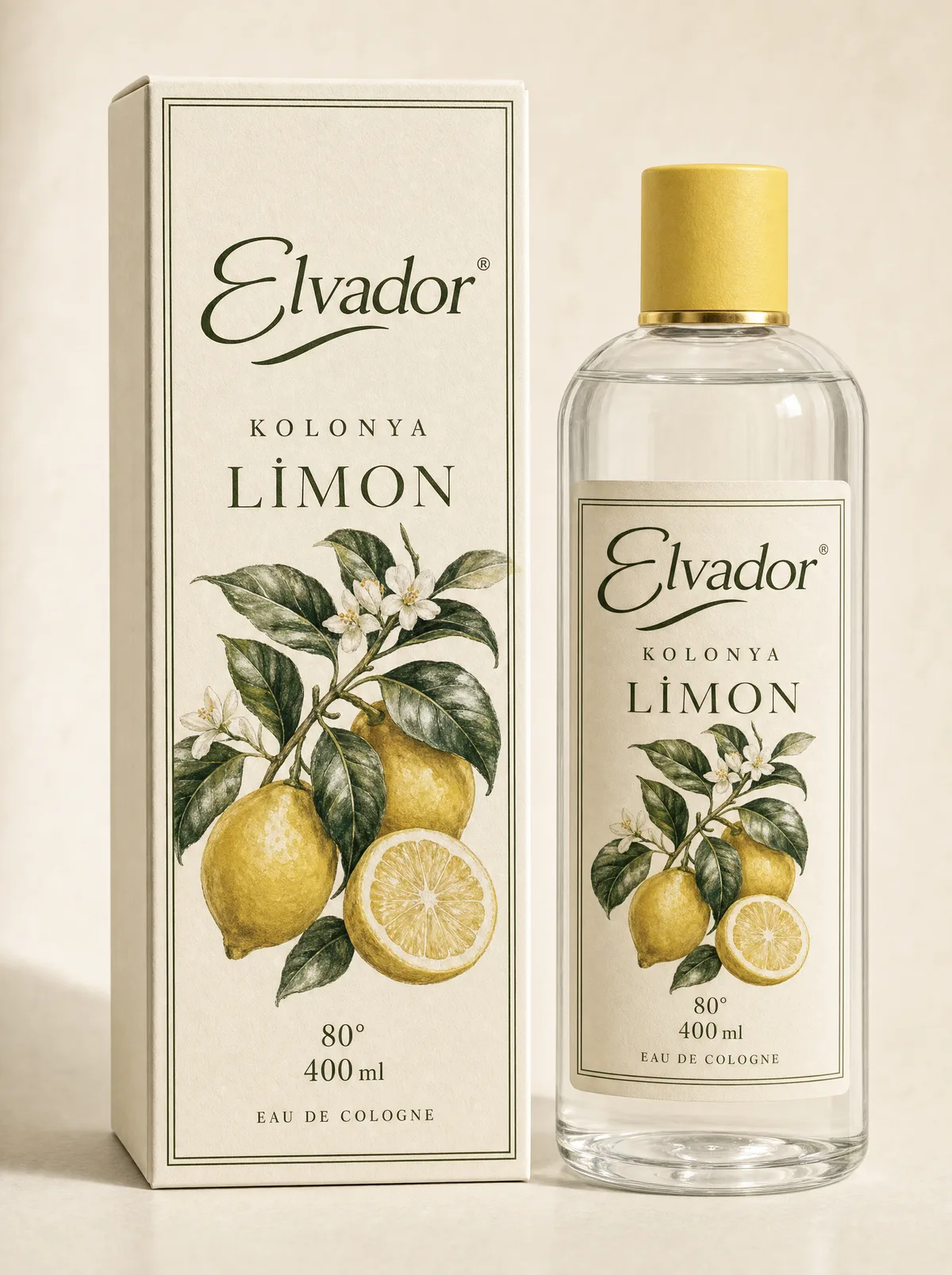 Elvador kolonya ambalajı — 5. yön: beyaz etiket ve boyalı limon dalı, Limon