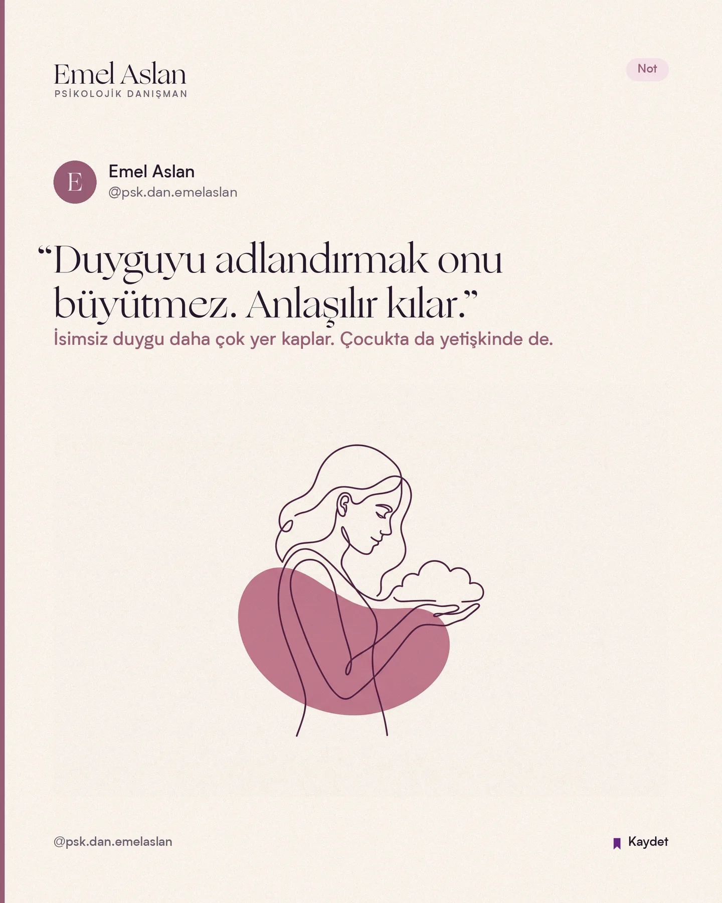 Emel Aslan Instagram gönderisi — Not kartı — duyguyu adlandırmak onu büyütmez