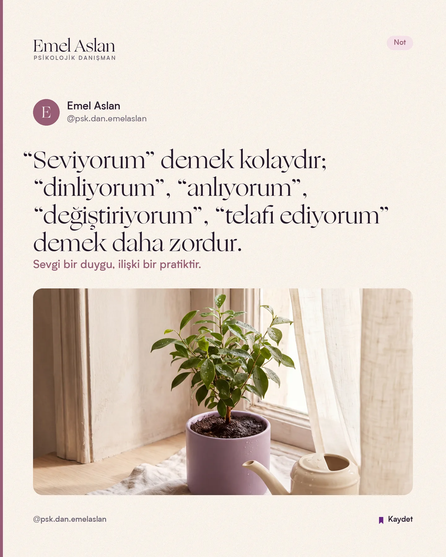 Emel Aslan Instagram gönderisi — Not kartı — seviyorum demek kolaydır