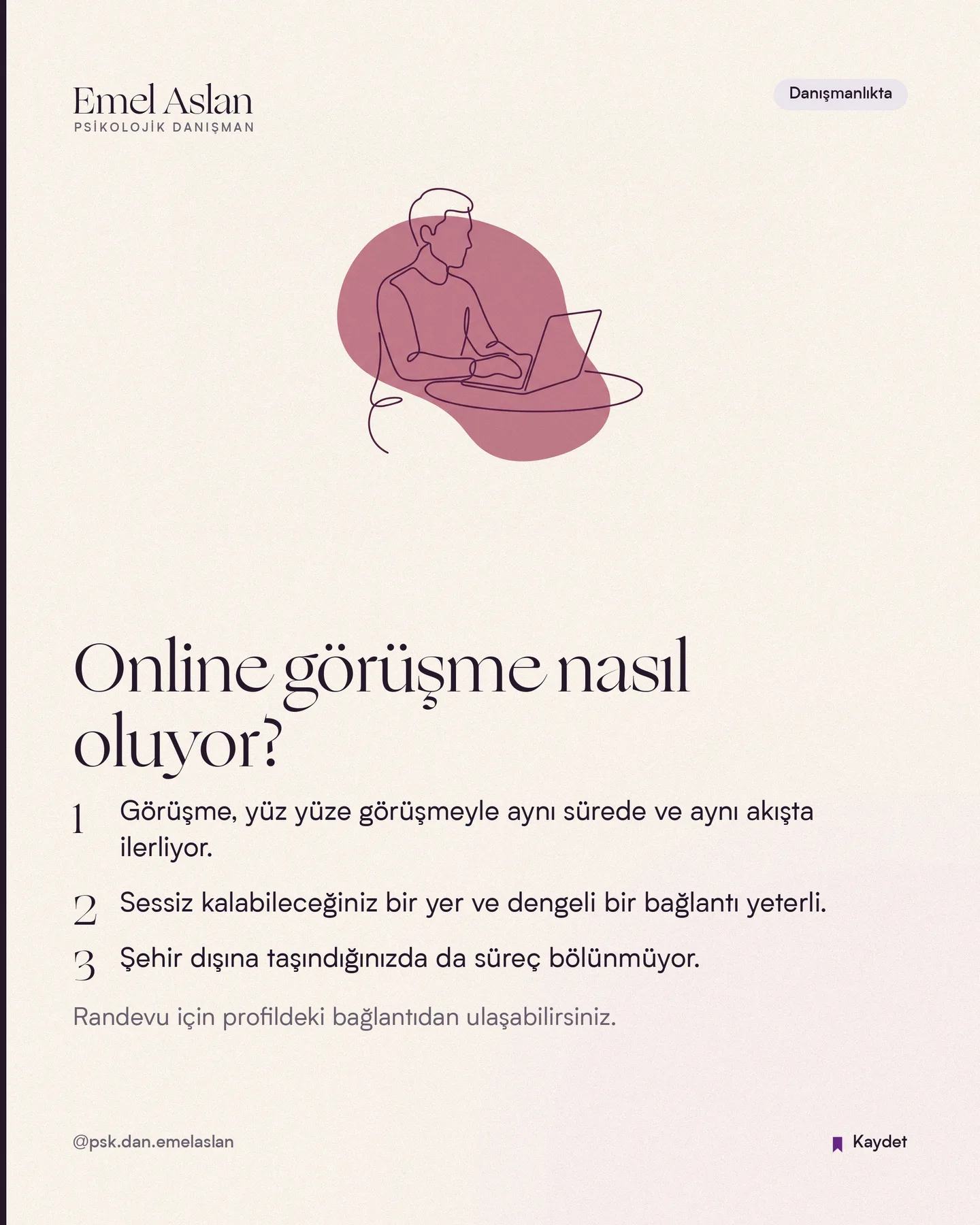 Emel Aslan Instagram gönderisi — Danışmanlıkta kartı — online görüşme nasıl oluyor