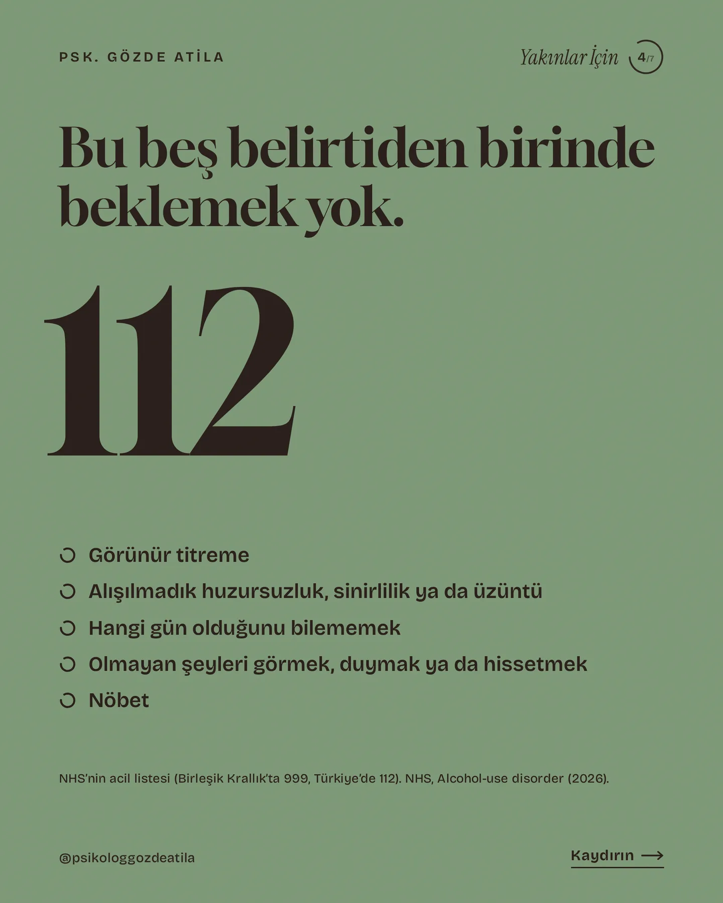 Gözde Atila "Evde alkol bırakmak güvenli mi?" gönderisi 4. kart — dev 112 ve beş acil belirti listesi