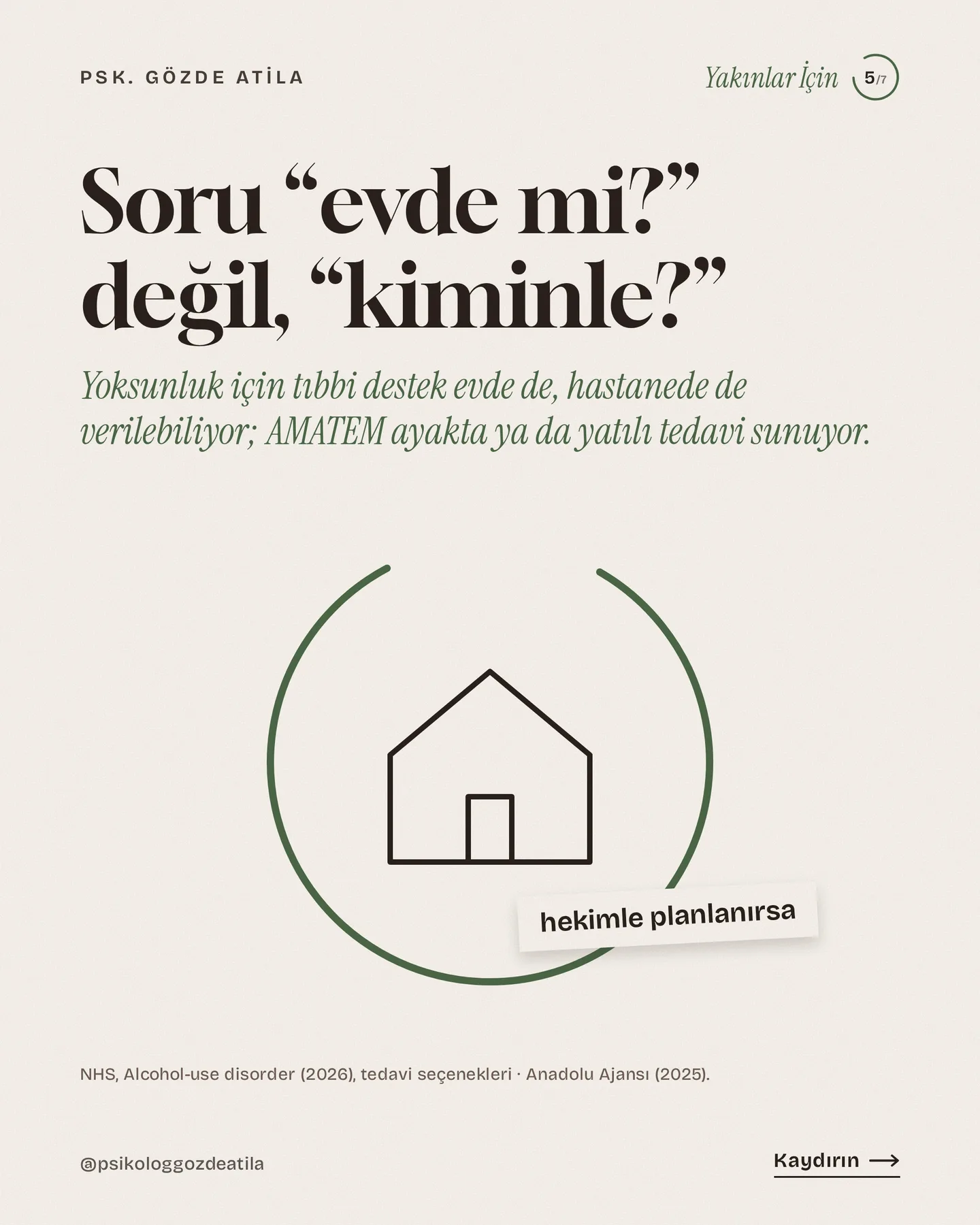 Gözde Atila "Evde alkol bırakmak güvenli mi?" gönderisi 5. kart — açık halka içinde çizgi ev: soru evde mi değil, kiminle