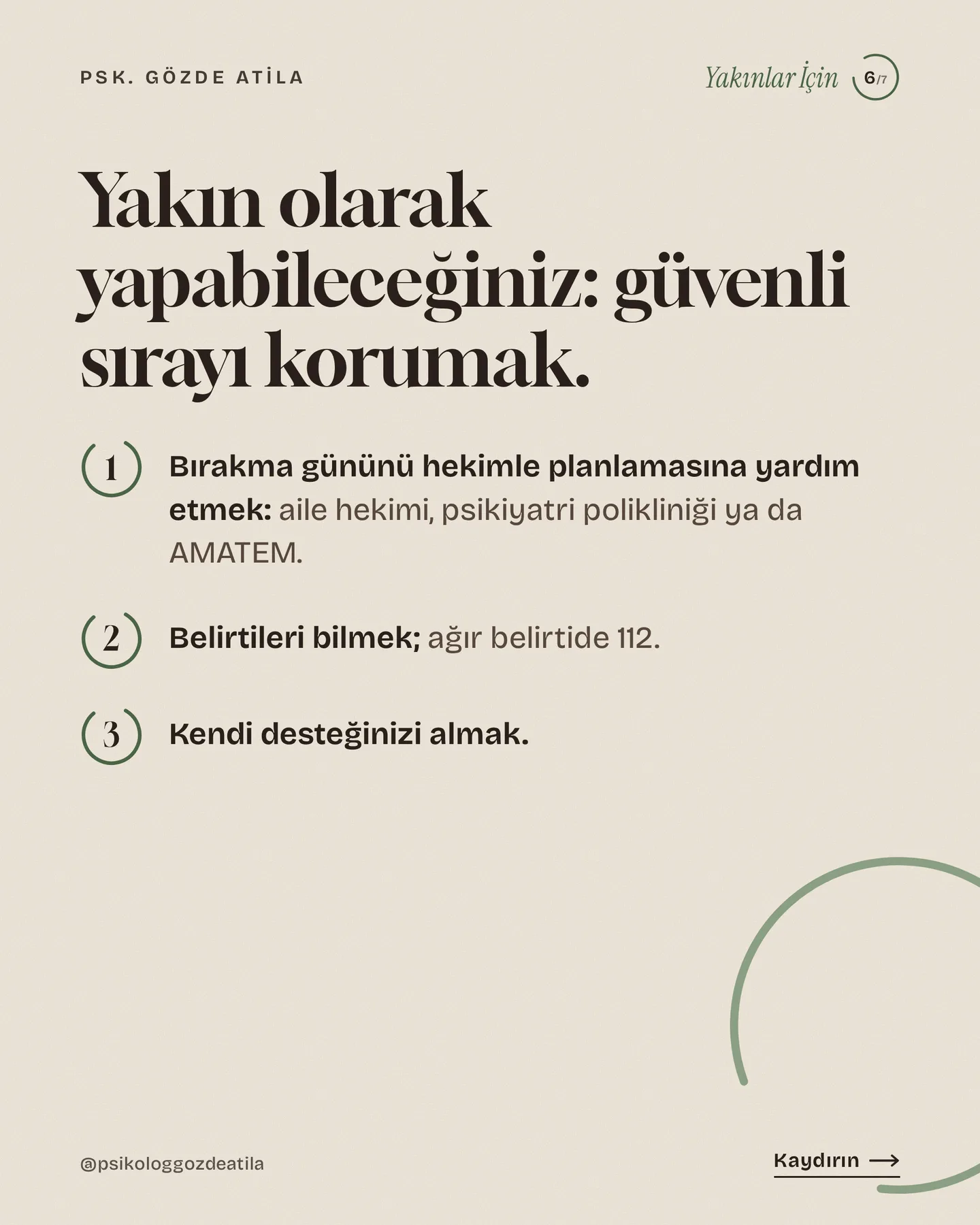 Gözde Atila "Evde alkol bırakmak güvenli mi?" gönderisi 6. kart — yakın olarak güvenli sıranın üç adımı