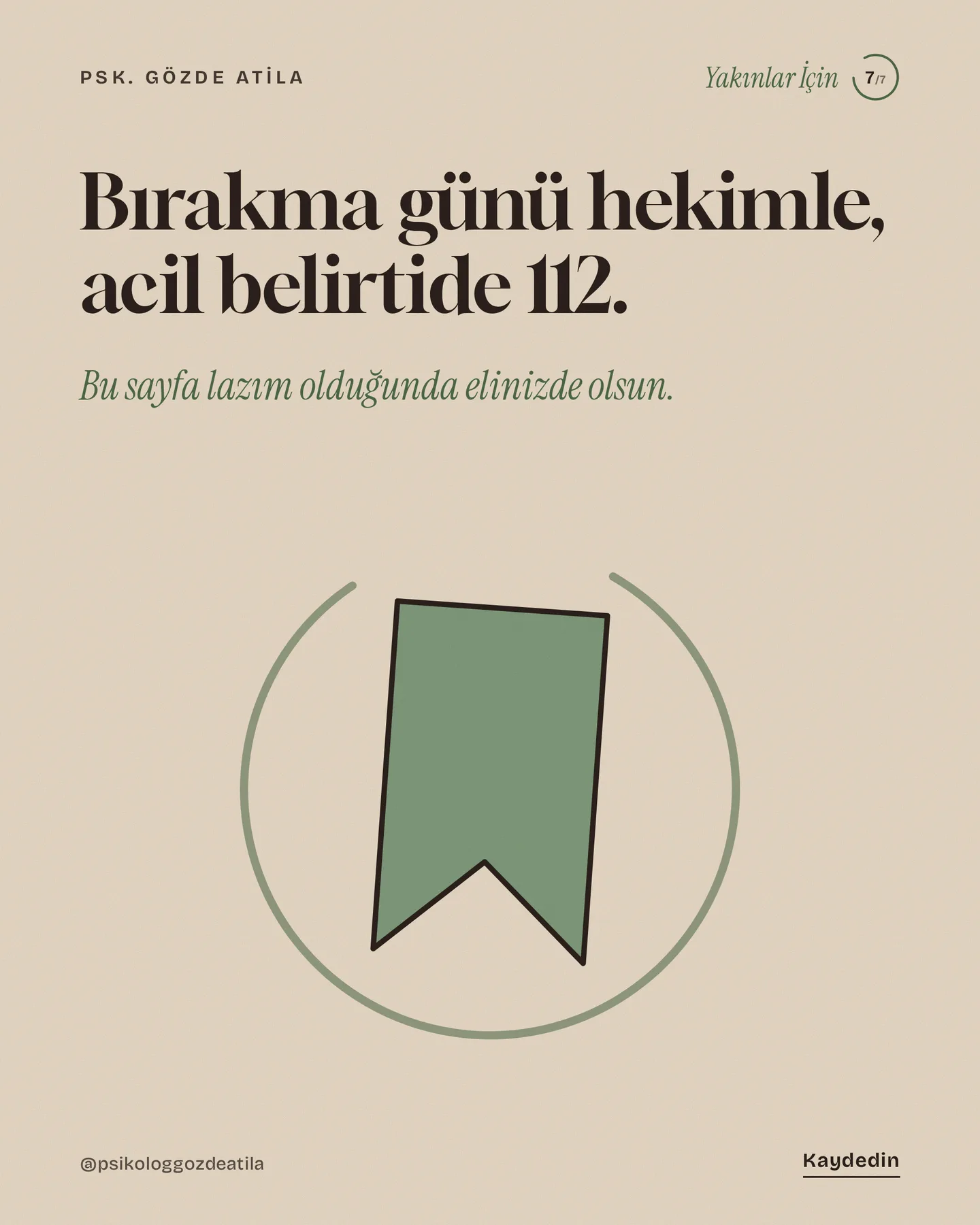 Gözde Atila "Evde alkol bırakmak güvenli mi?" gönderisi 7. kart — bırakma günü hekimle, acil belirtide 112 kartı