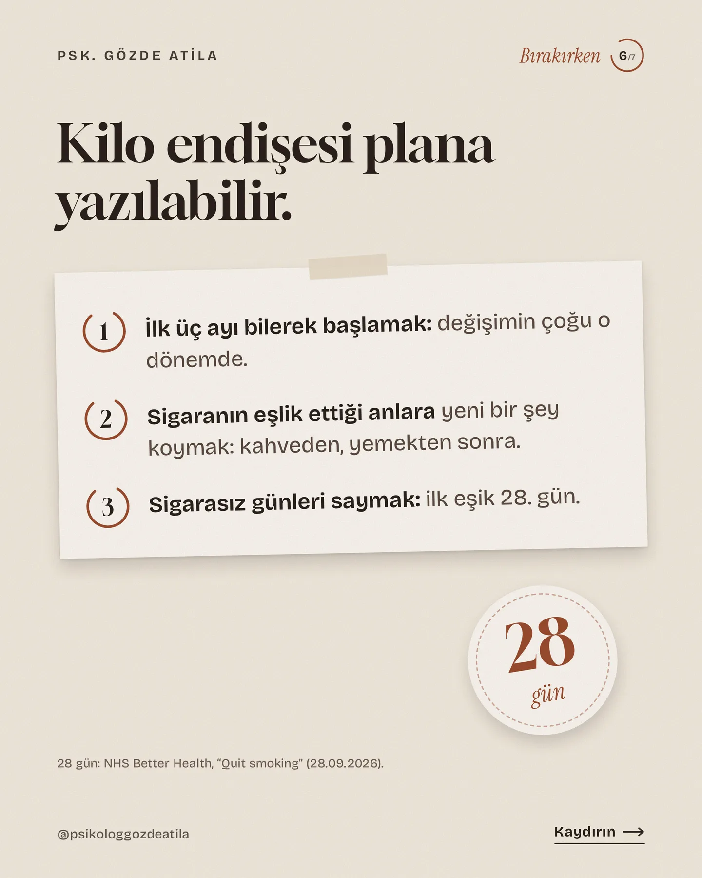Gözde Atila "Sigarayı bırakınca kilo alınır mı?" gönderisi 6. kart — kilo endişesi için üç maddelik plan kartı