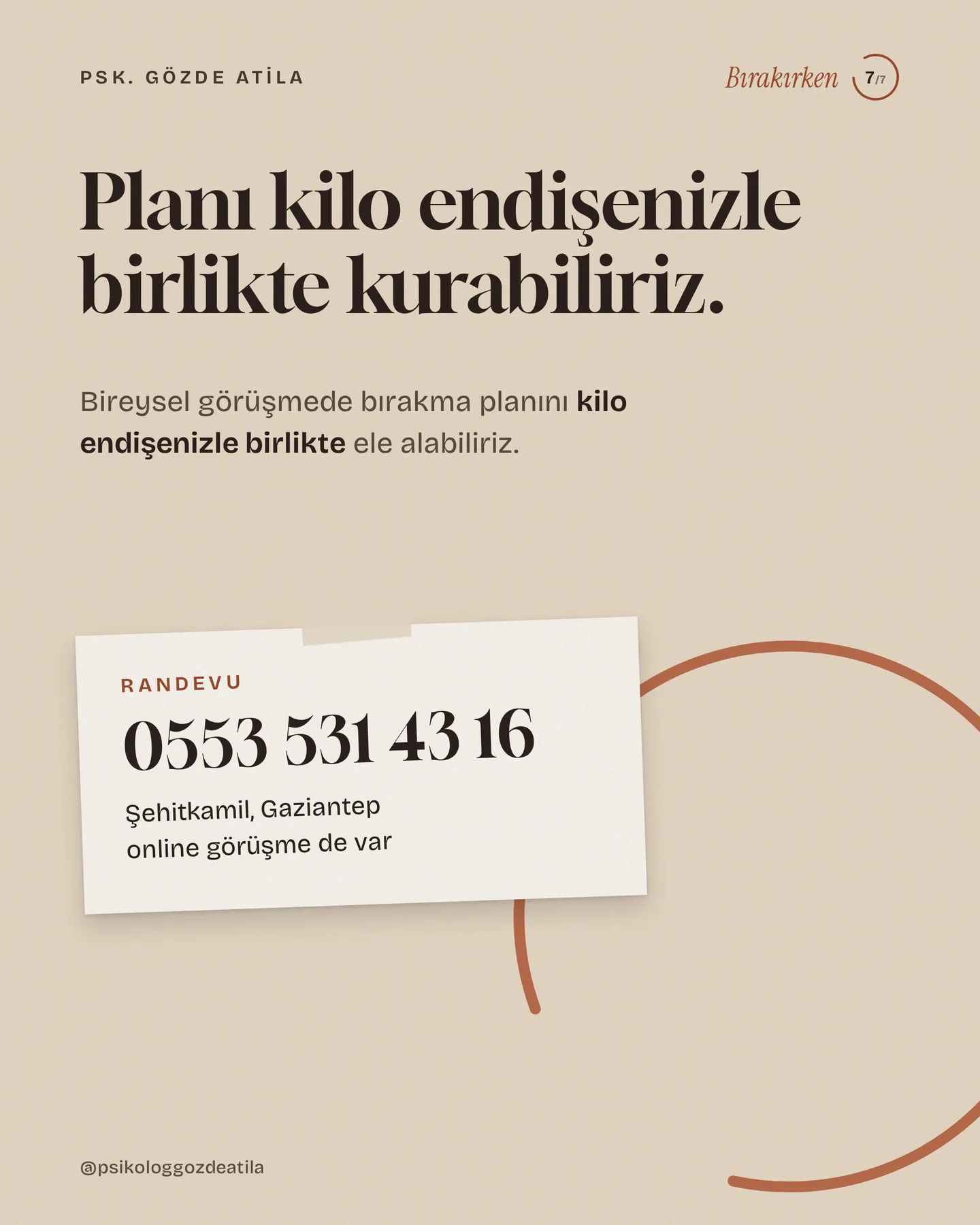 Gözde Atila "Sigarayı bırakınca kilo alınır mı?" gönderisi 7. kart — bırakma planını birlikte kurmaya çağıran randevu kartı