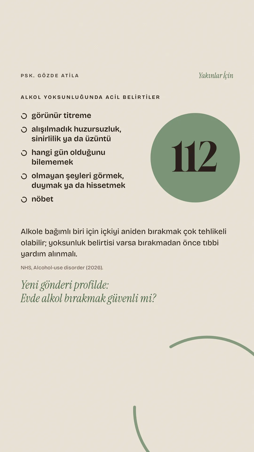 Gözde Atila Instagram story görseli — Alkol yoksunluğunda beş acil belirti ve 112