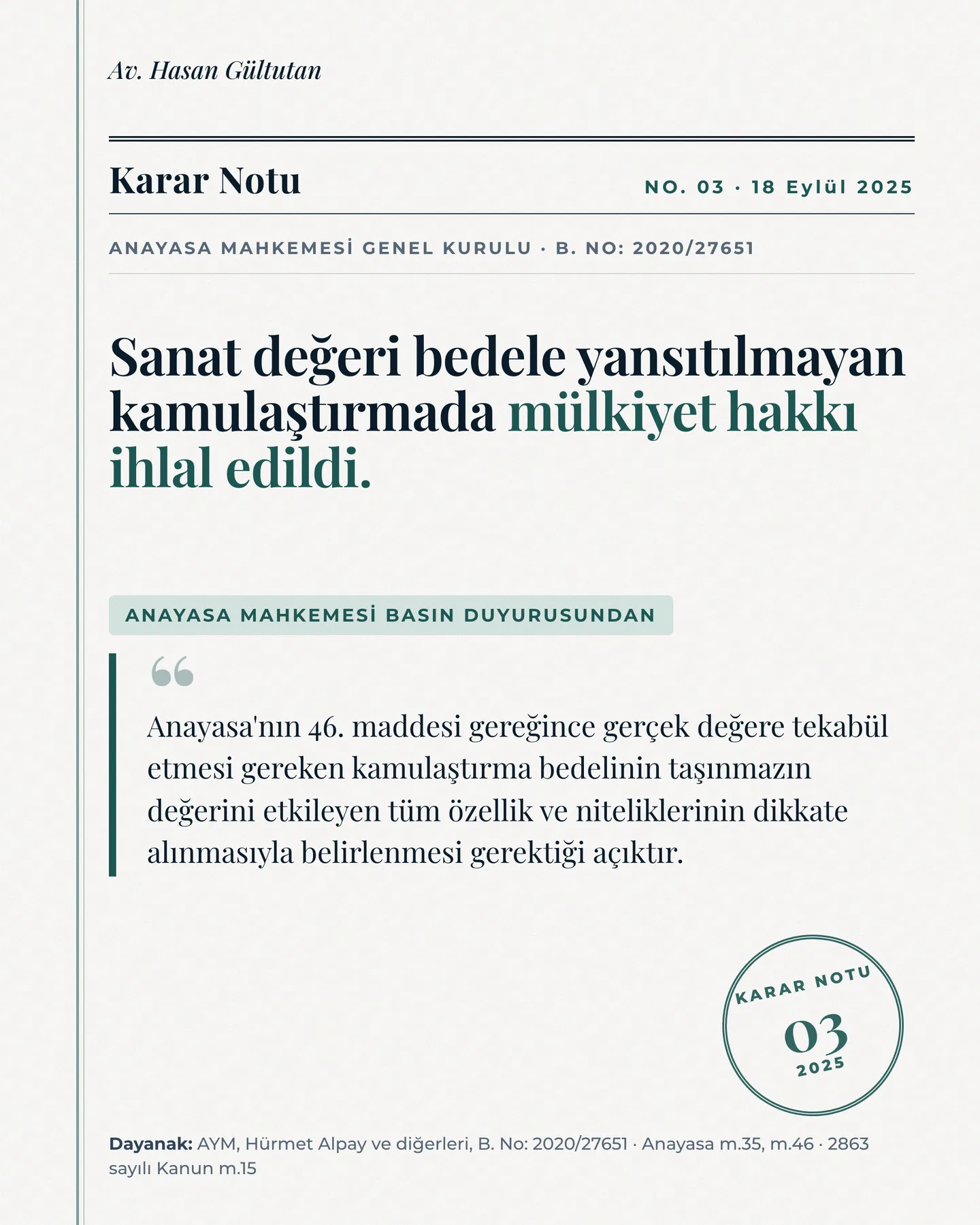 Av. Hasan Gültutan Instagram gönderisi — Karar Notu, sanat değeri bedele yansıtılmayan kamulaştırma