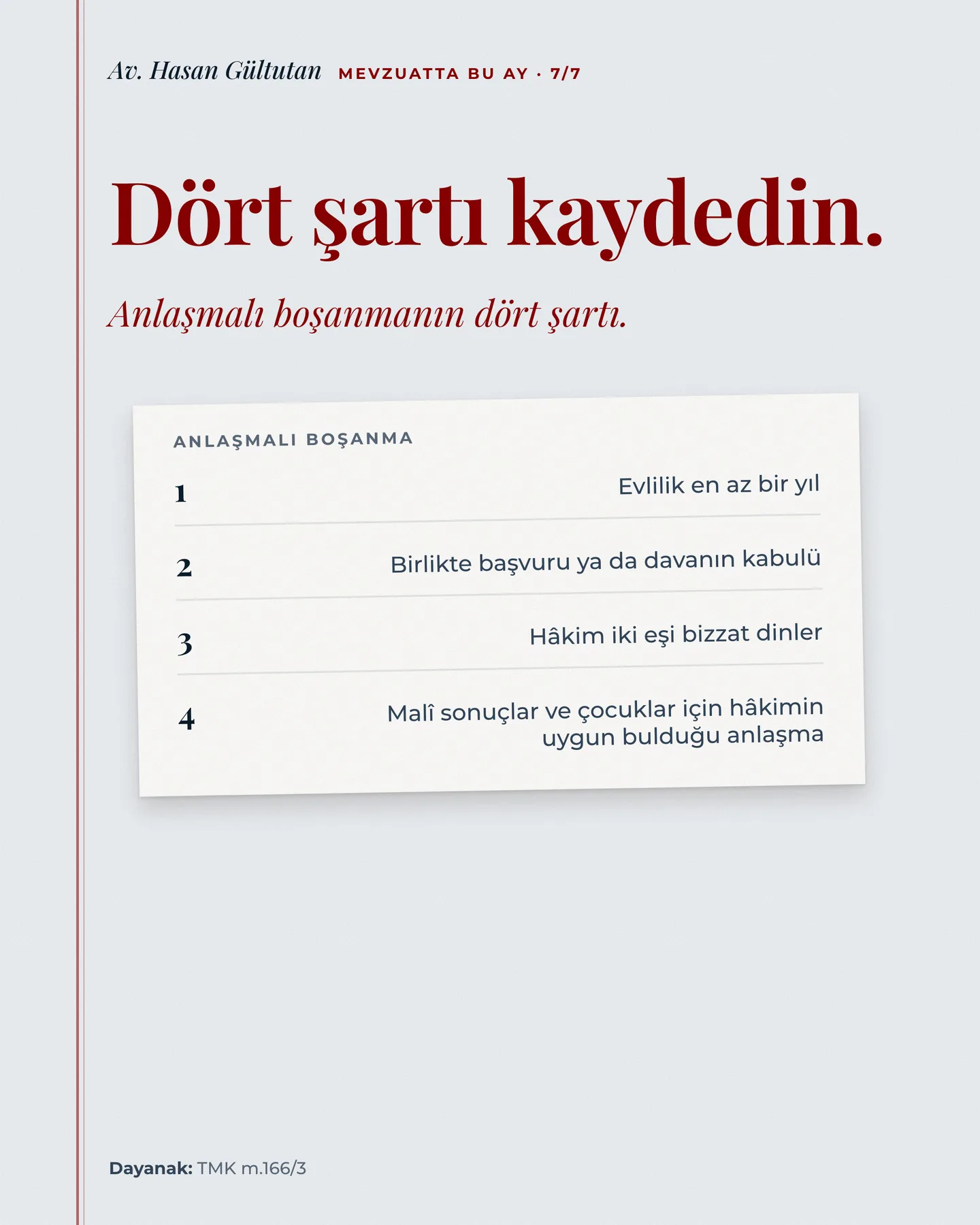 Av. Hasan Gültutan Instagram gönderisi — anlaşmalı boşanma için ne gerekiyor carousel'i, 7. kart