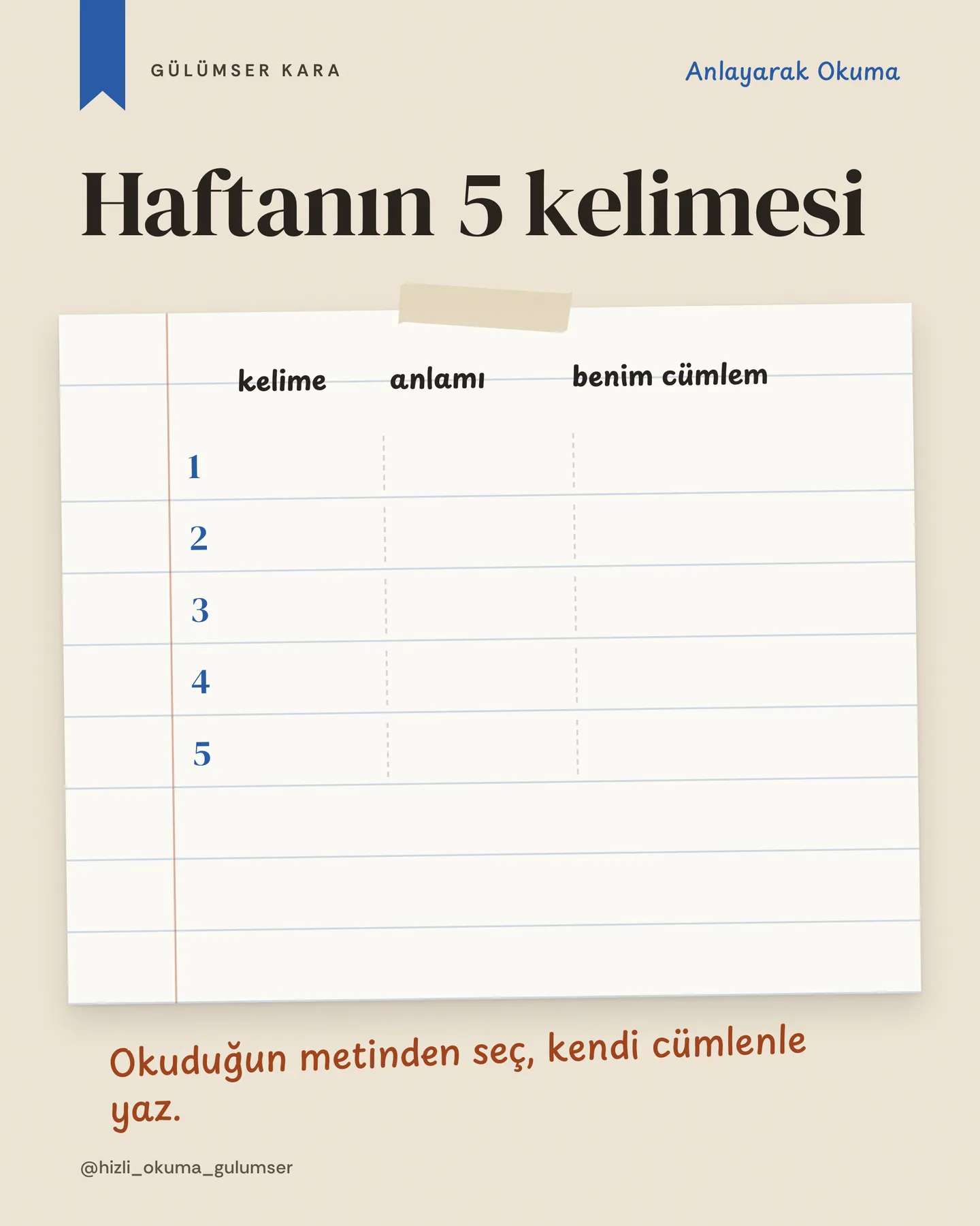 Hızlı Okuma Gülümser Instagram gönderisi — haftanın 5 kelimesi