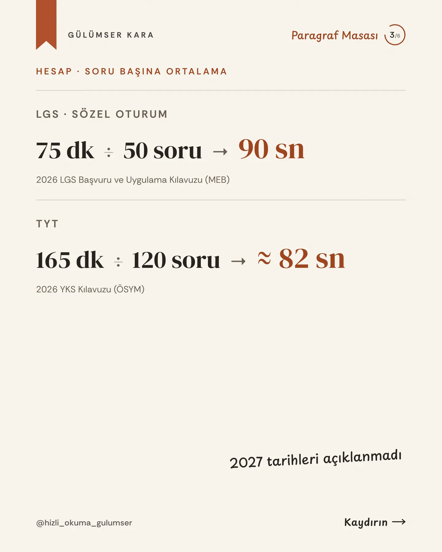 Hızlı Okuma Gülümser Instagram gönderisi — soru başına süre carousel'i, 3. kart