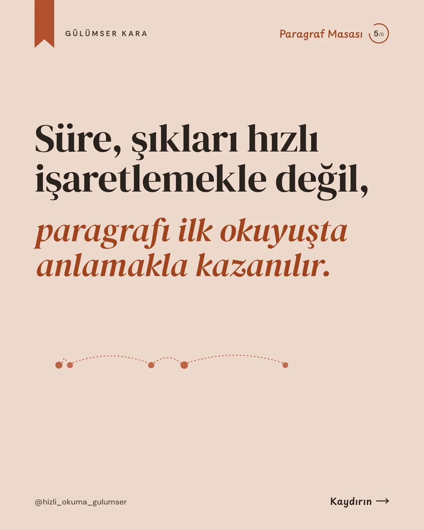 Hızlı Okuma Gülümser Instagram gönderisi — soru başına süre carousel'i, 5. kart