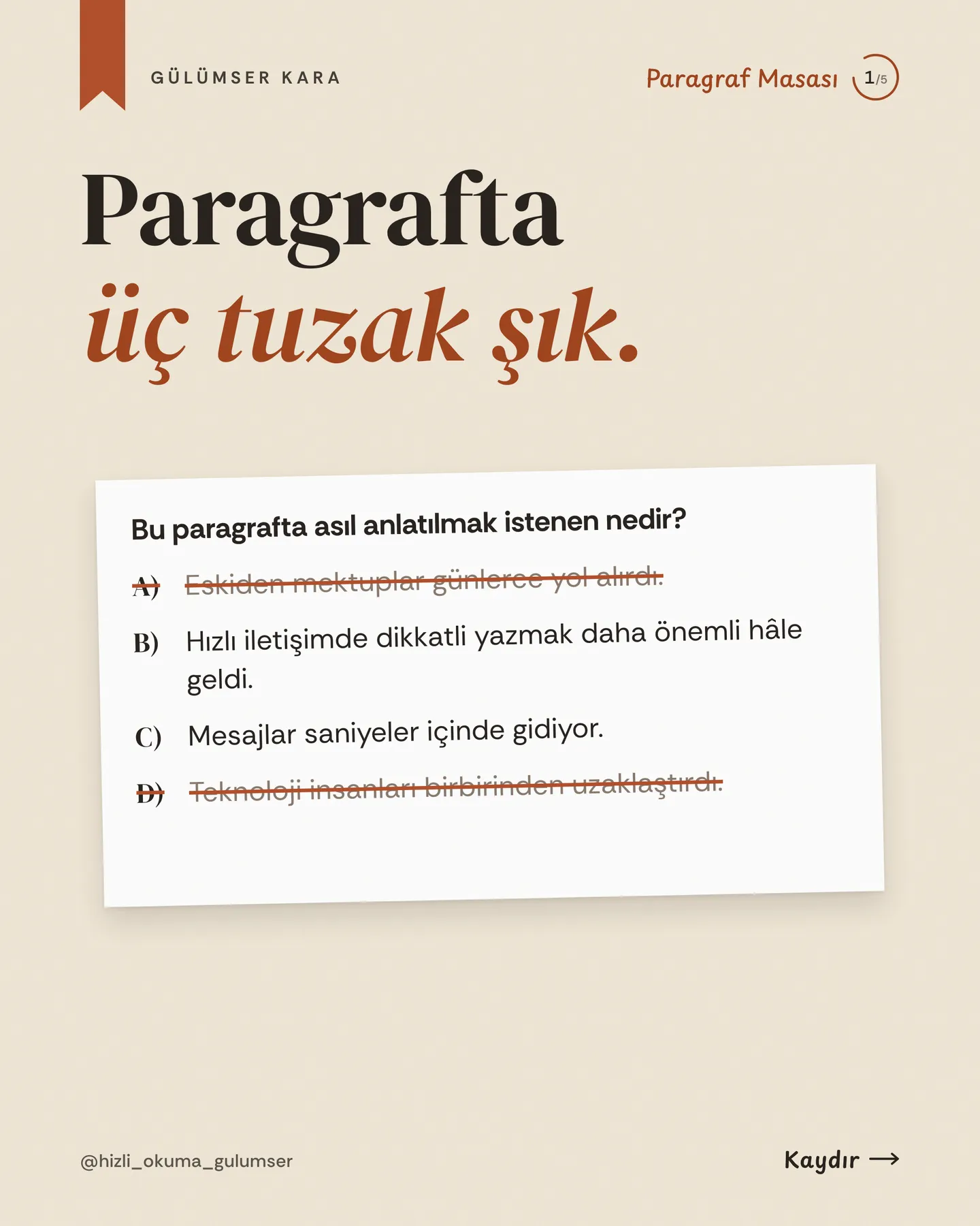 Hızlı Okuma Gülümser Instagram gönderisi — paragrafta üç tuzak şık