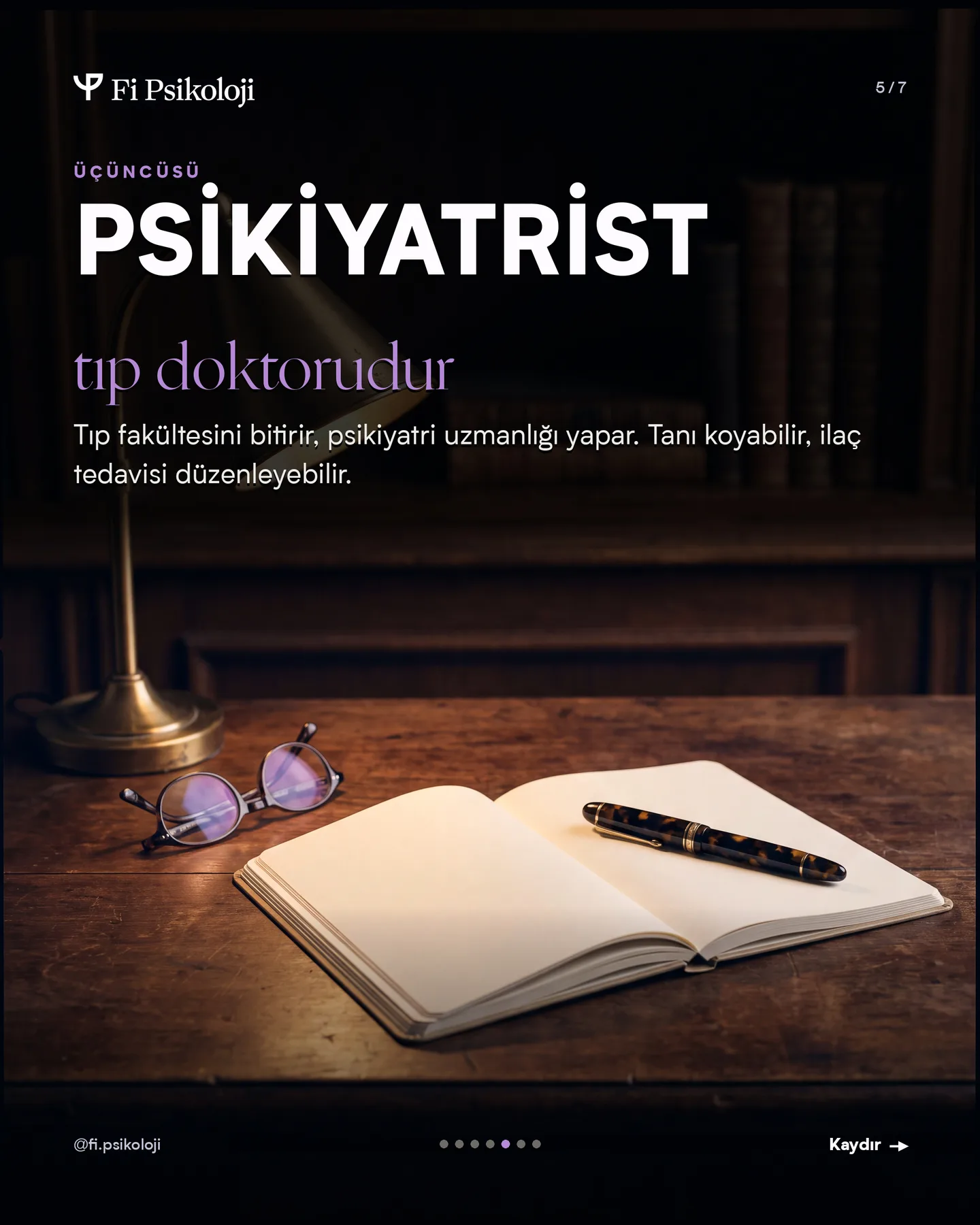 Fi Psikoloji Instagram gönderisi — psikolog, psikolojik danışman, psikiyatrist farkı, 5. kart
