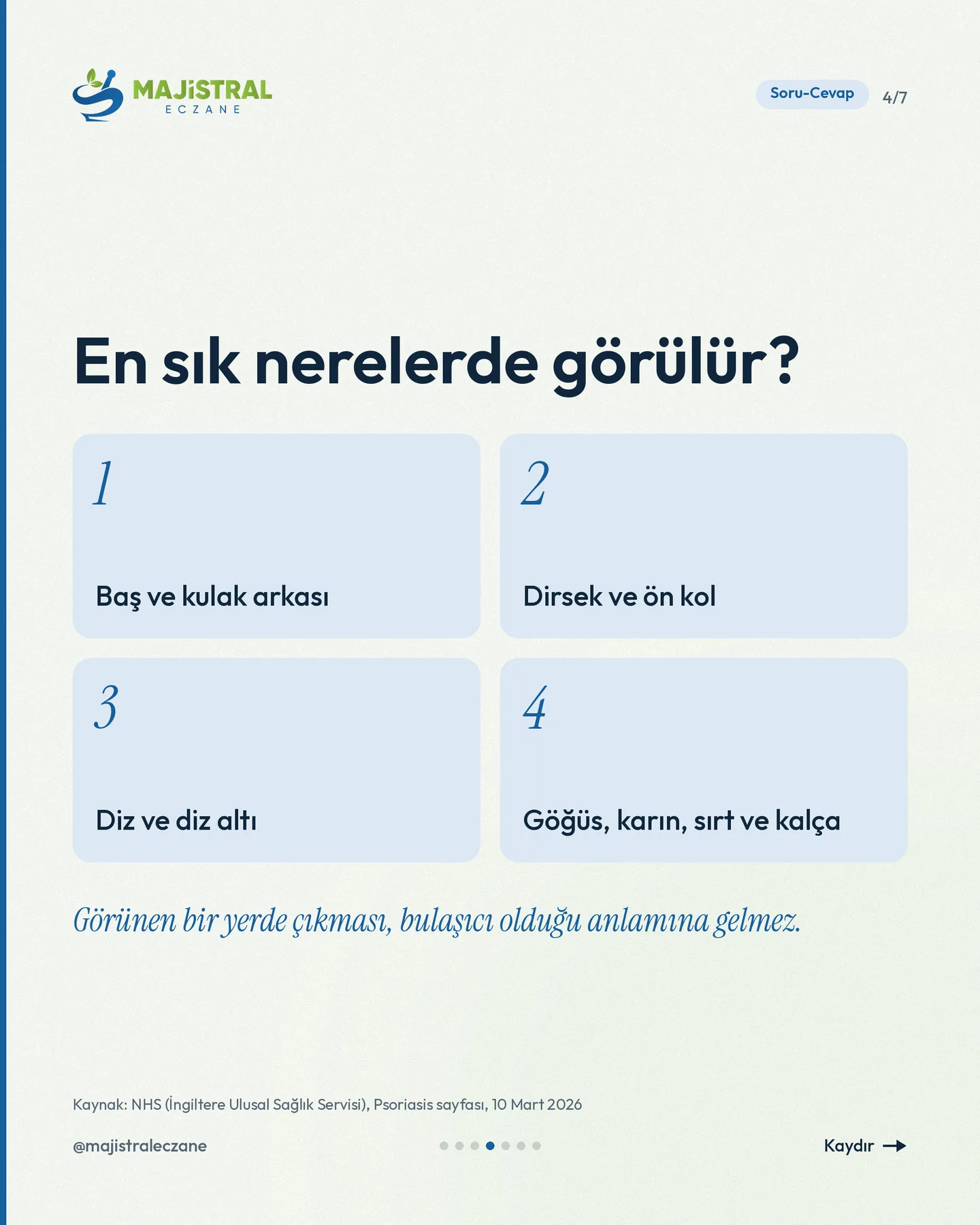 Majistral Eczane Instagram gönderisi — sedef bulaşır mı carousel'i, 4. kart