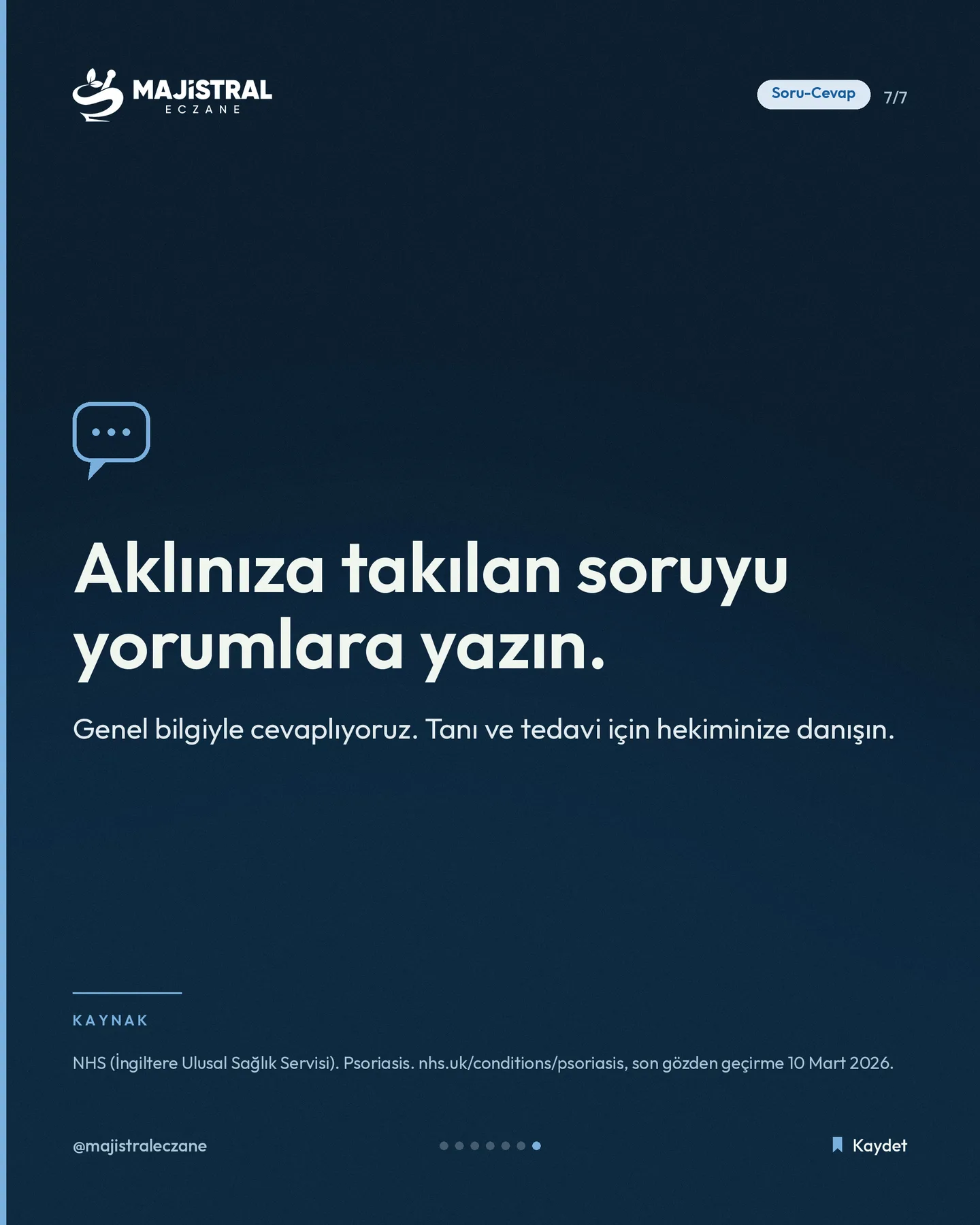 Majistral Eczane Instagram gönderisi — sedef bulaşır mı carousel'i, 7. kart