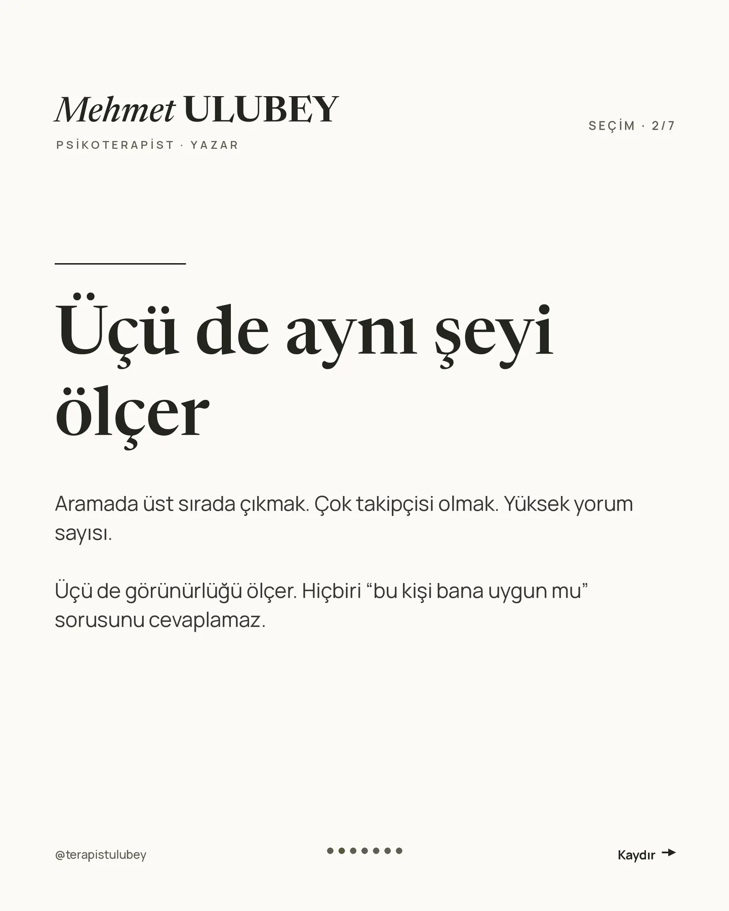Mehmet Ulubey Instagram gönderisi — uzman seçerken üç soru carousel'i, 2. kart
